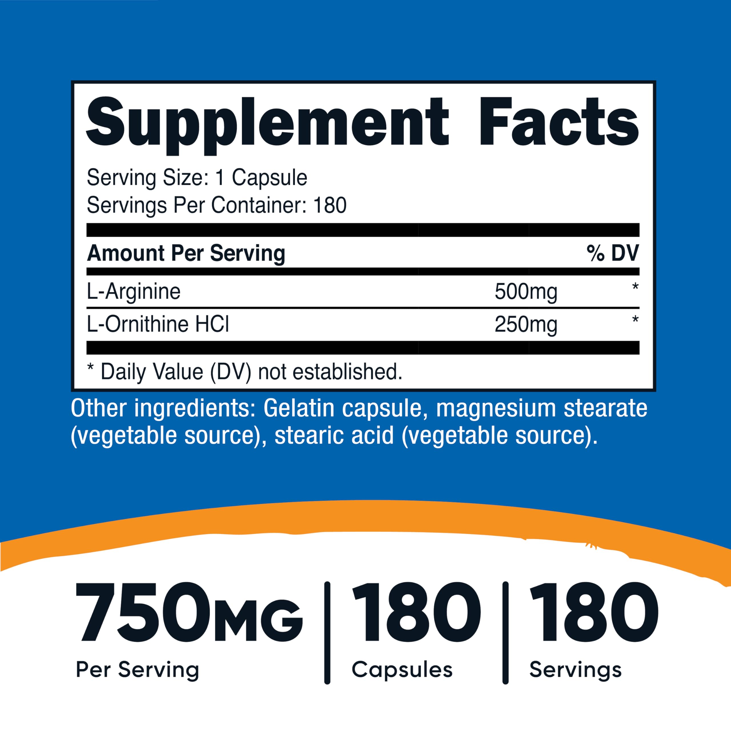 Etiqueta de Nutricost L-arginina L-ornitina para ver ingredientes