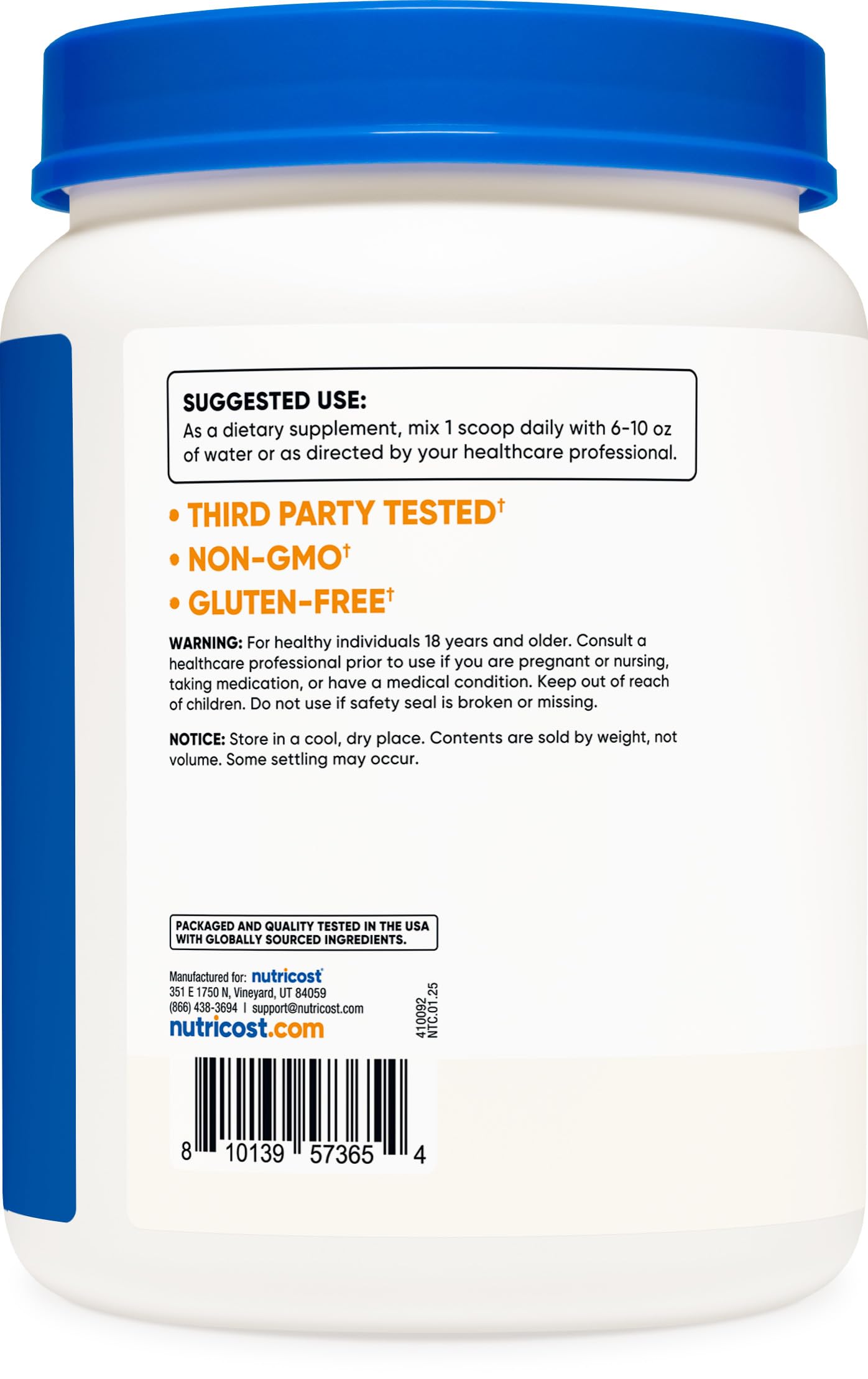 Nutricost L-Arginina: tapa cerrada herméticamente para conservar la pureza.