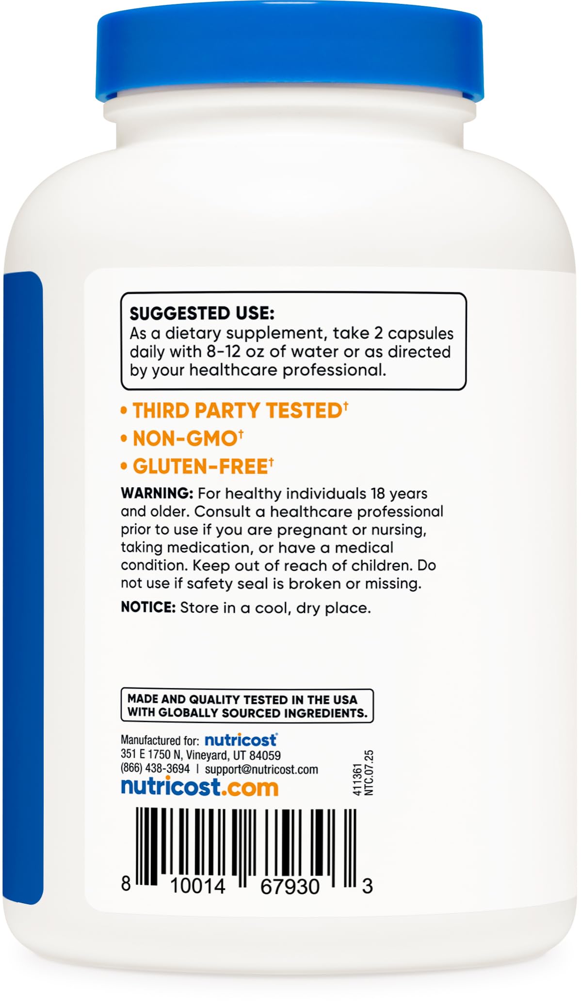 Nutricost L-Carnitina Tartrate envase libre de gluten y OGM