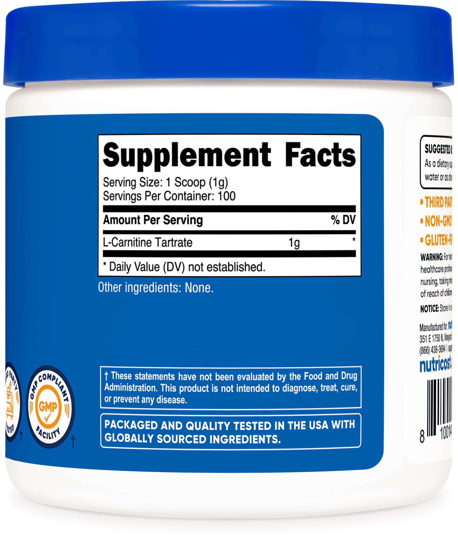 Nutricost L-Carnitina Tartrato Polvo, detalle de etiqueta clara.