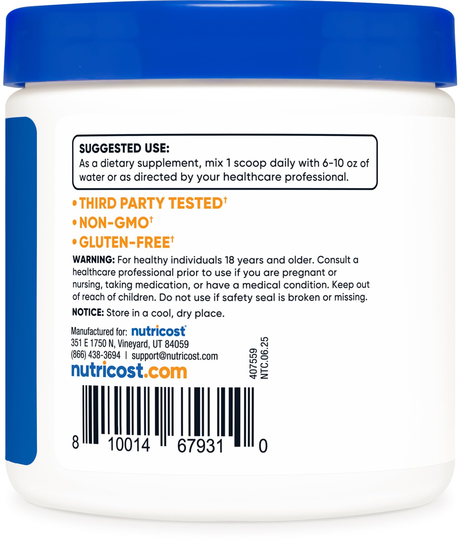 Nutricost L-Carnitina Tartrato Polvo, etiqueta con certificaciones NSF GMP FDA.