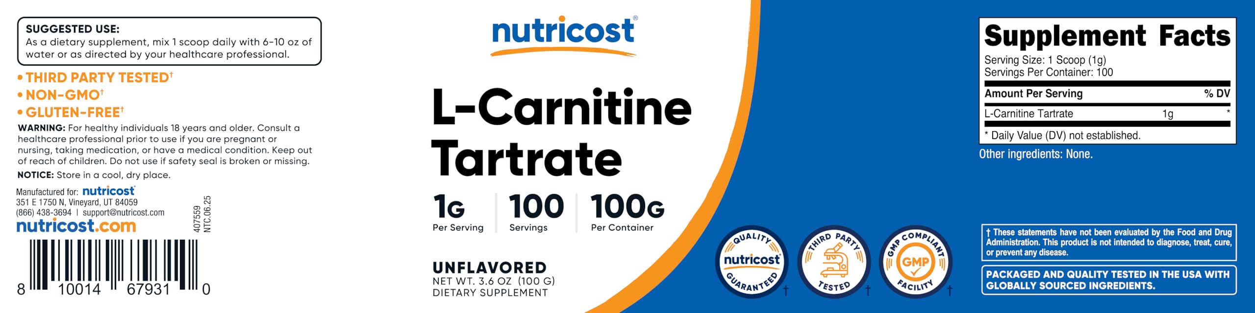 Nutricost L-Carnitina Tartrato Polvo, preparado para tus rutinas diarias.