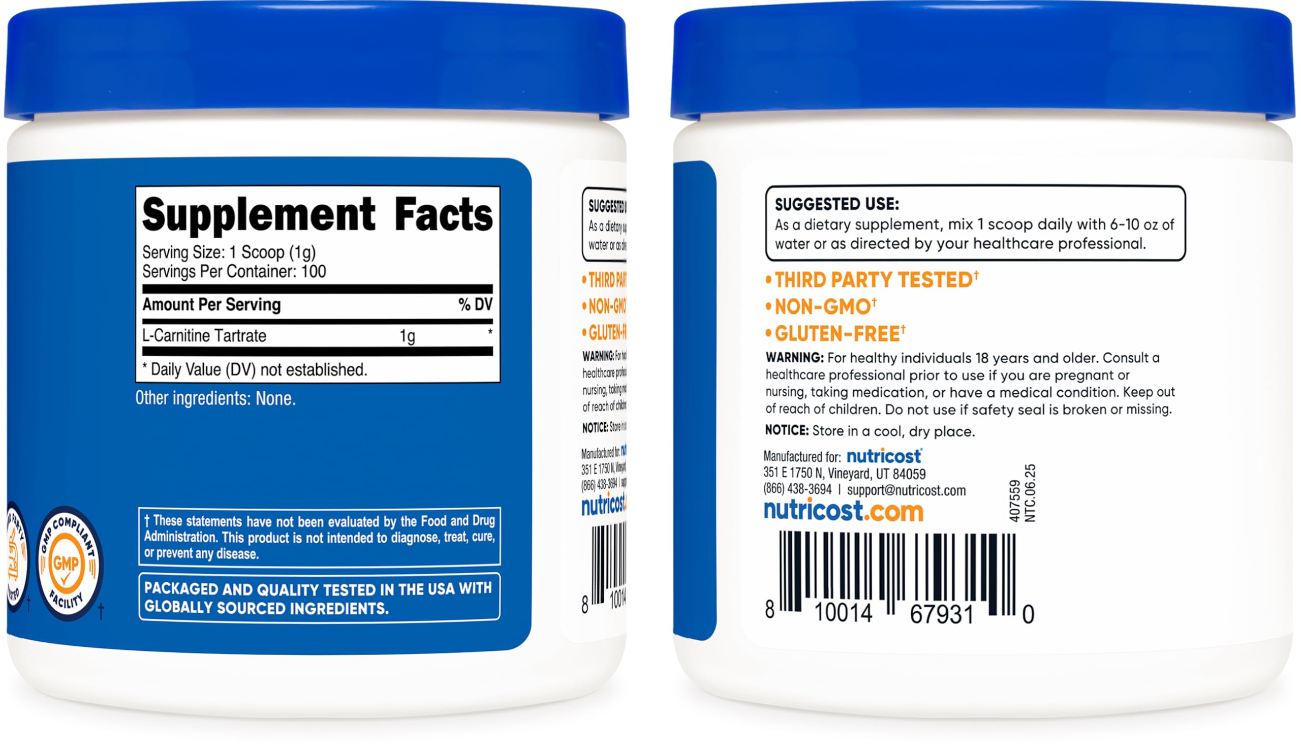 Nutricost L-Carnitina Tartrato Polvo, textura fina para mezclas fáciles.