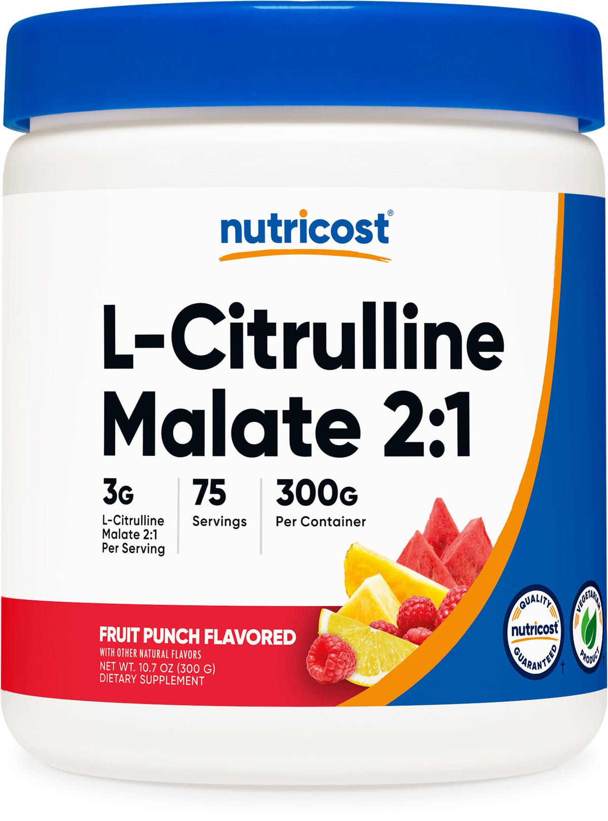 Nutricost L-Citrulina Malato 2:1, envase fruta-punch para rendimiento sostenido durante el entrenamiento.