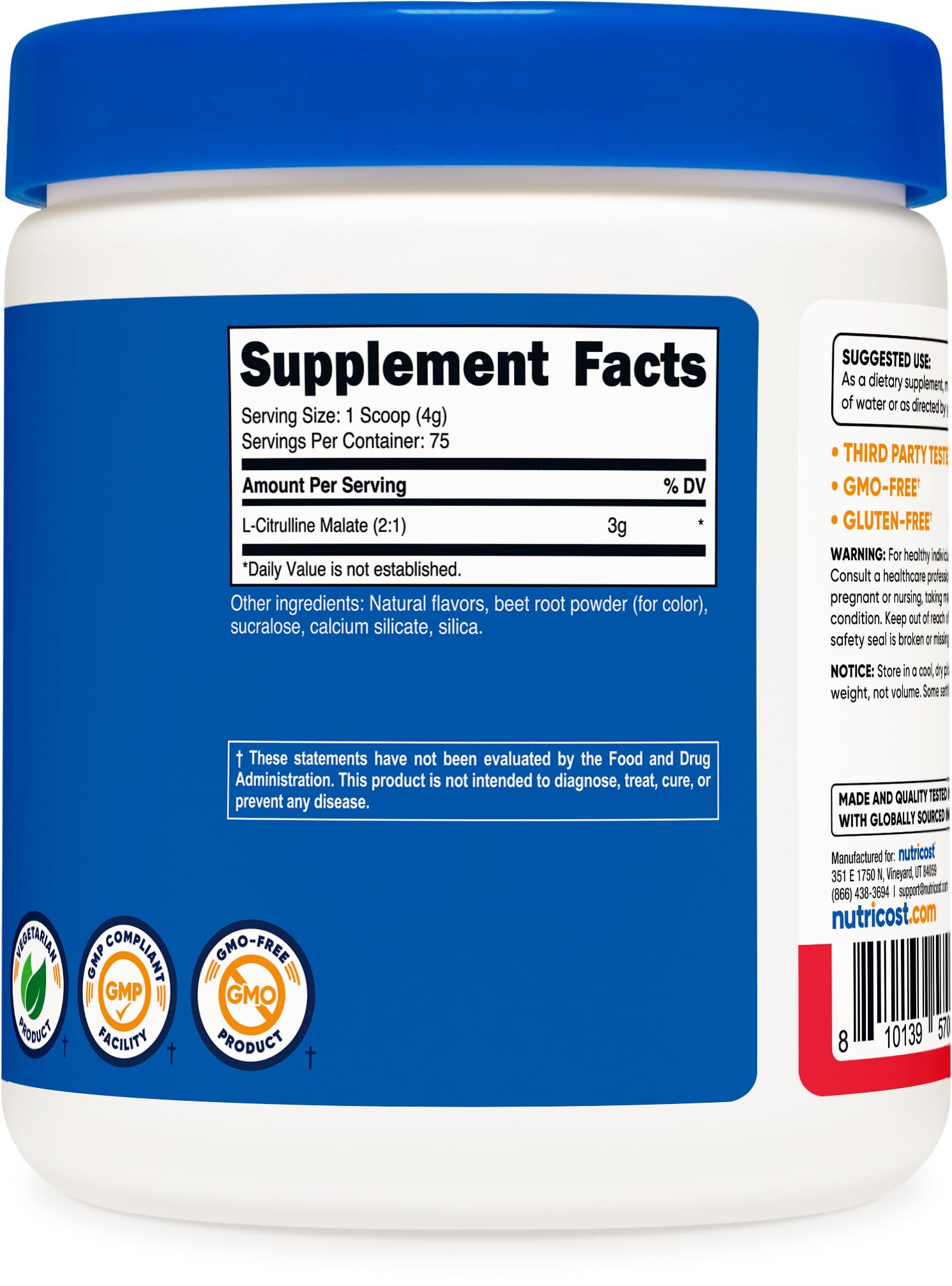 Nutricost L-Citrulina Malato 2:1, fórmula GMP sin OGMs para calidad y pureza.