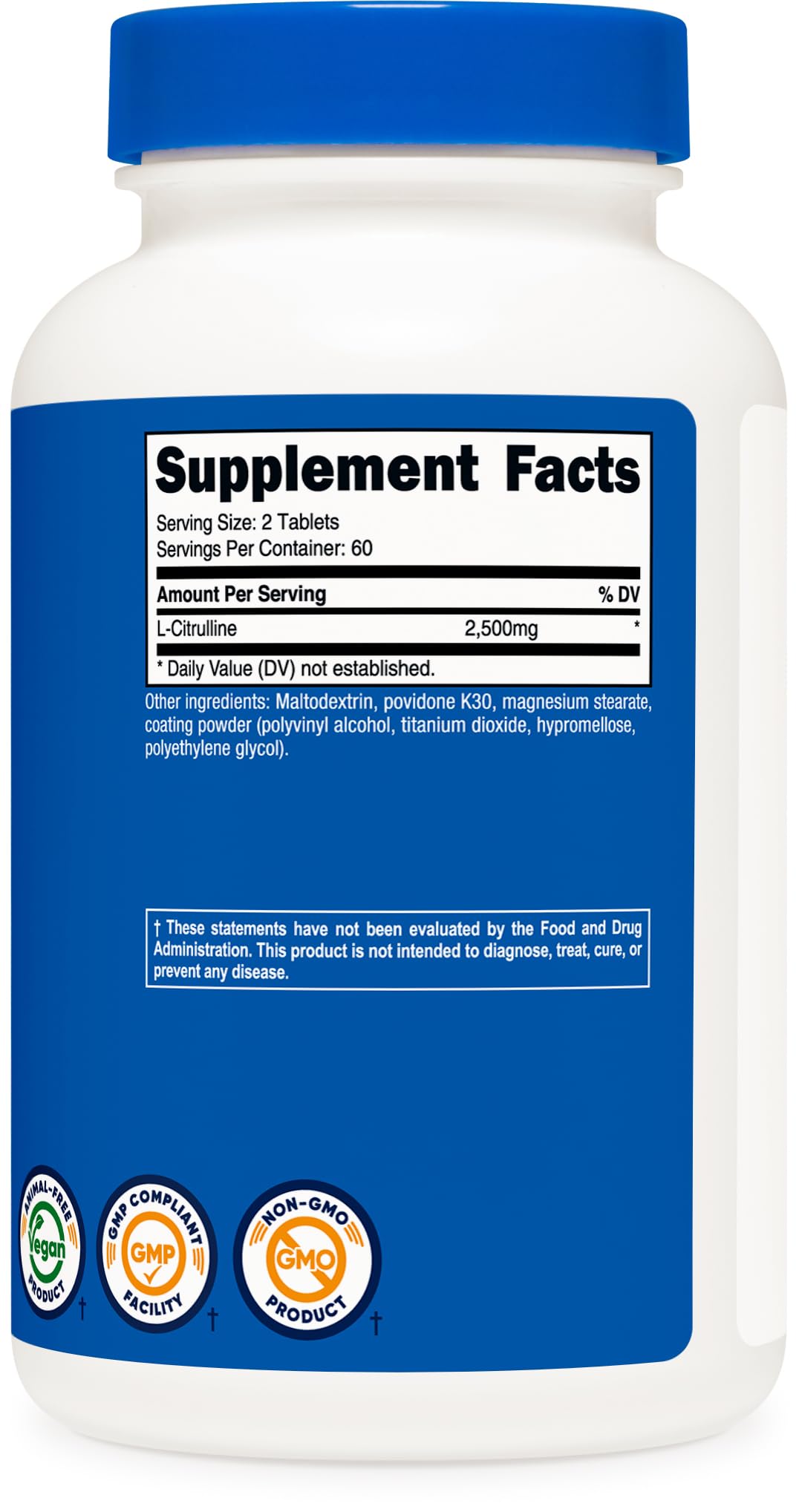 Nutricost L-Citrulina tabletas, detalle de la parte trasera para control de dosis.