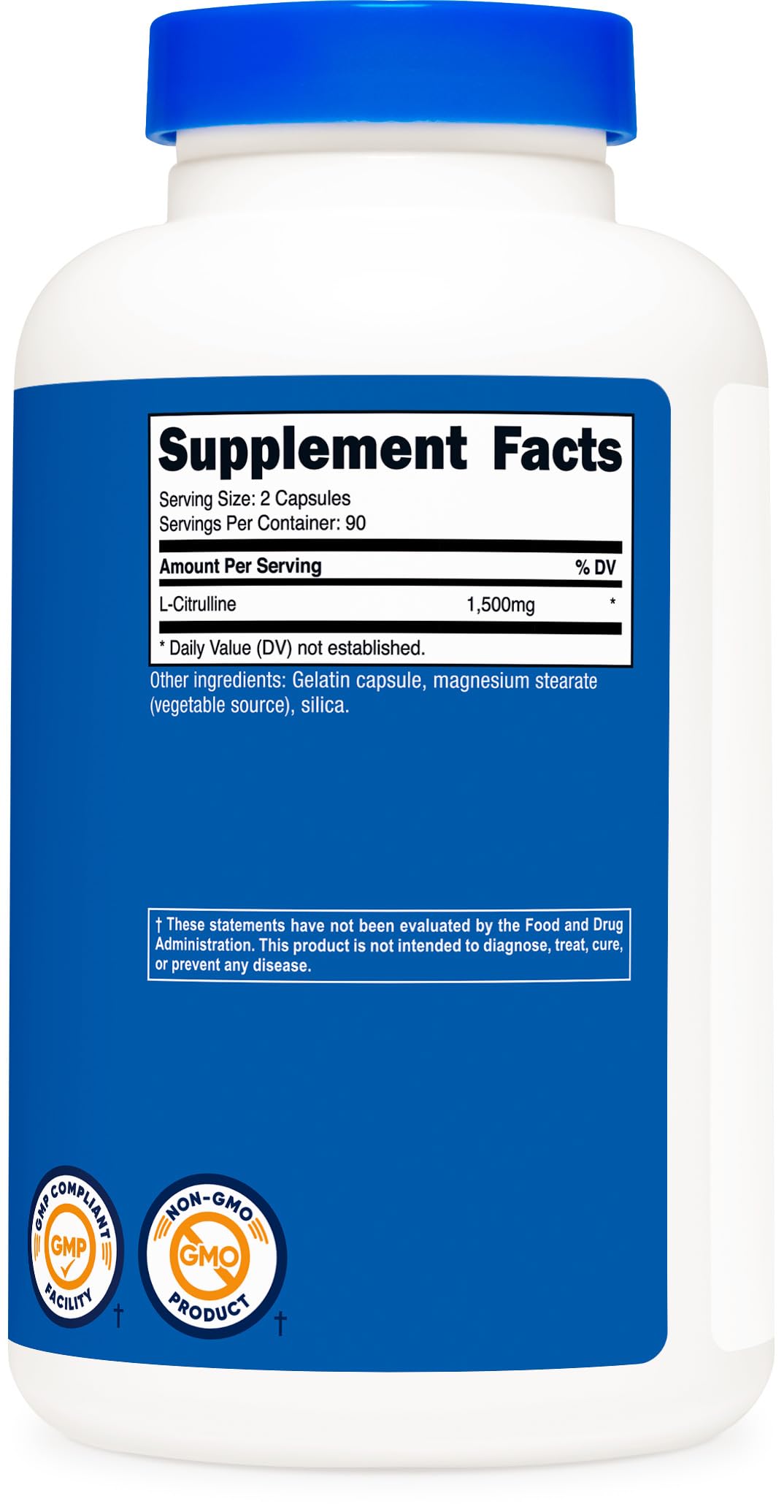 Nutricost L-Citrulline 1500mg dosis, cápsula de 750 mg por porción.