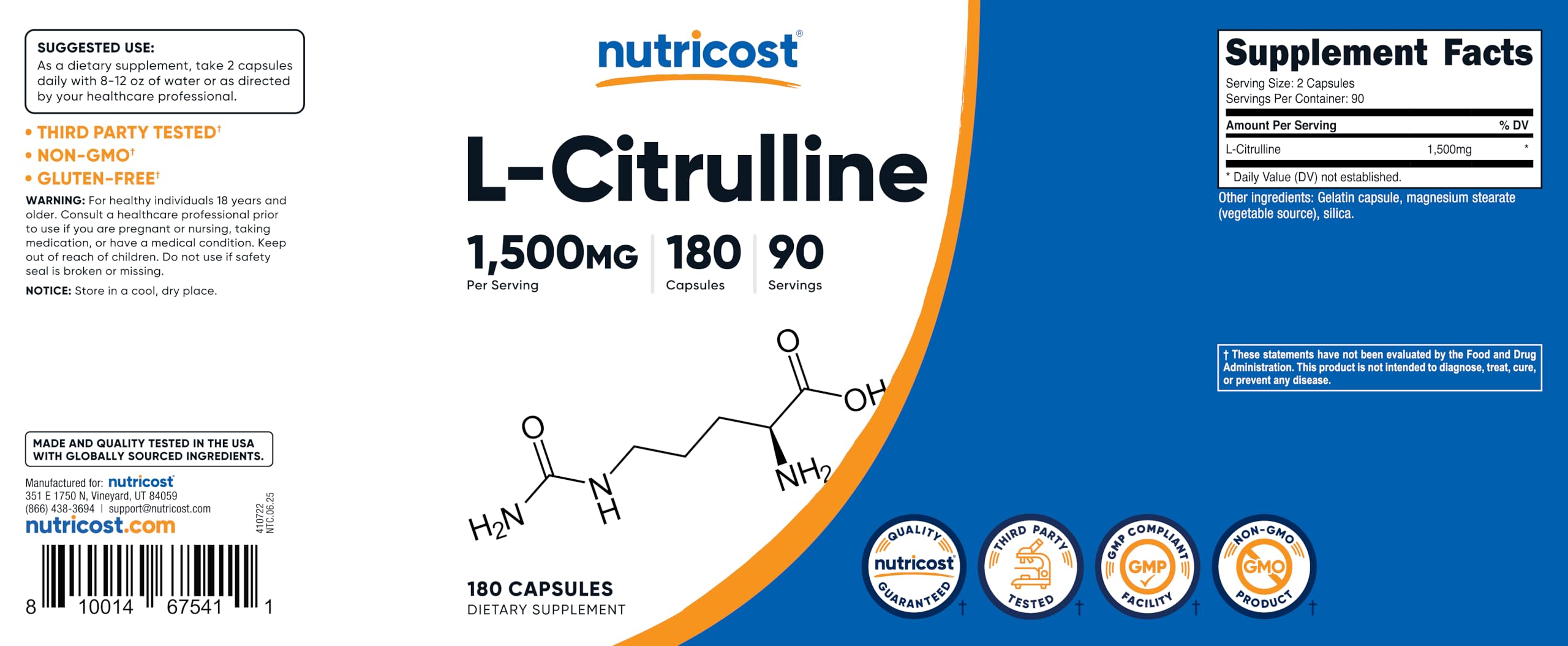 Nutricost L-Citrulline 1500mg embalaje, empaque puede variar.