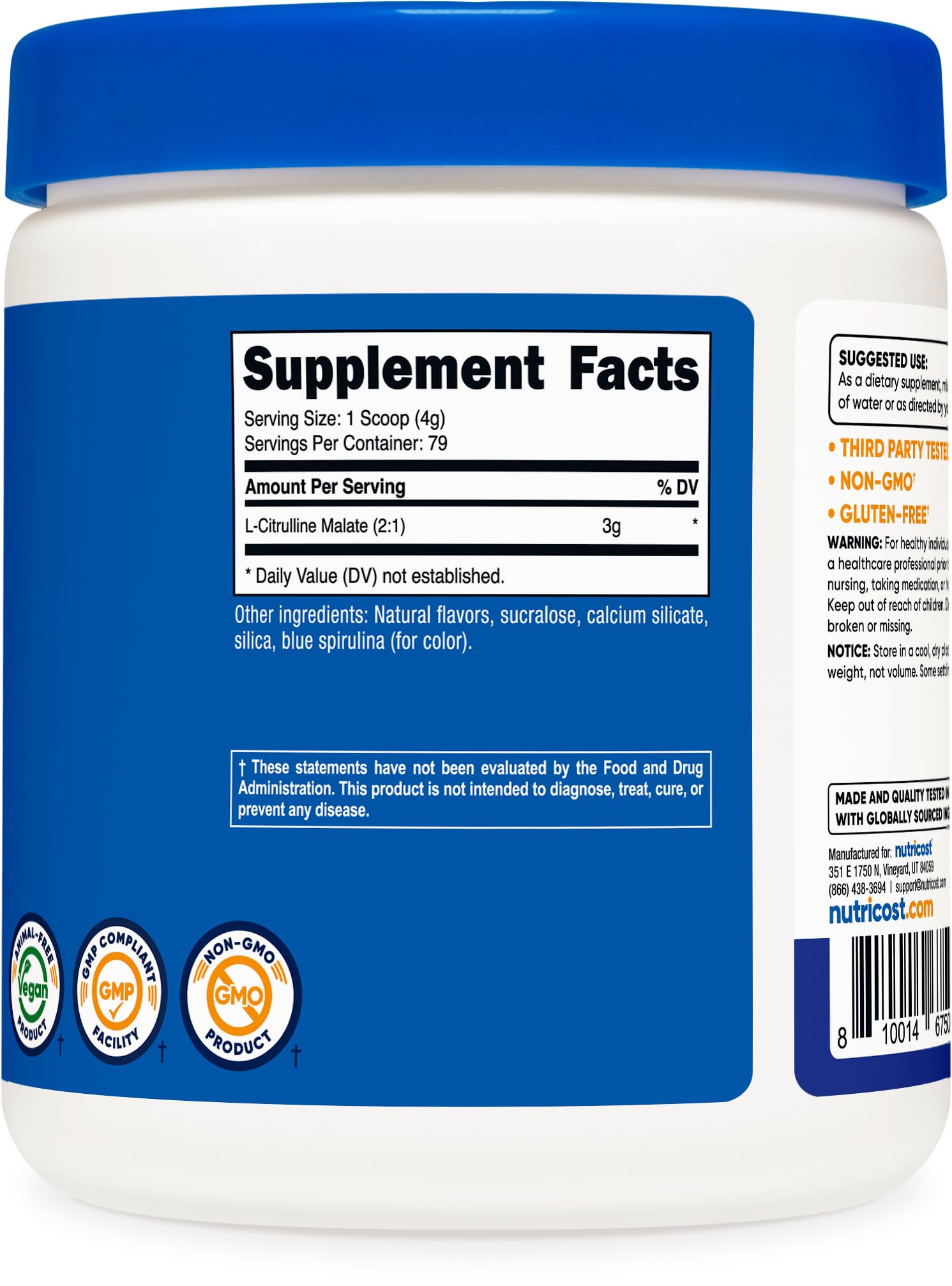 Nutricost L-Citrulline Malate 2:1 Frambuesa Azul, bebida pre-entreno; sabor agradable