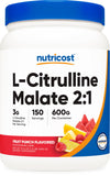 Nutricost L-Citrulline Malate 2:1 frasco, sabor fruta punch, apoyo al rendimiento.