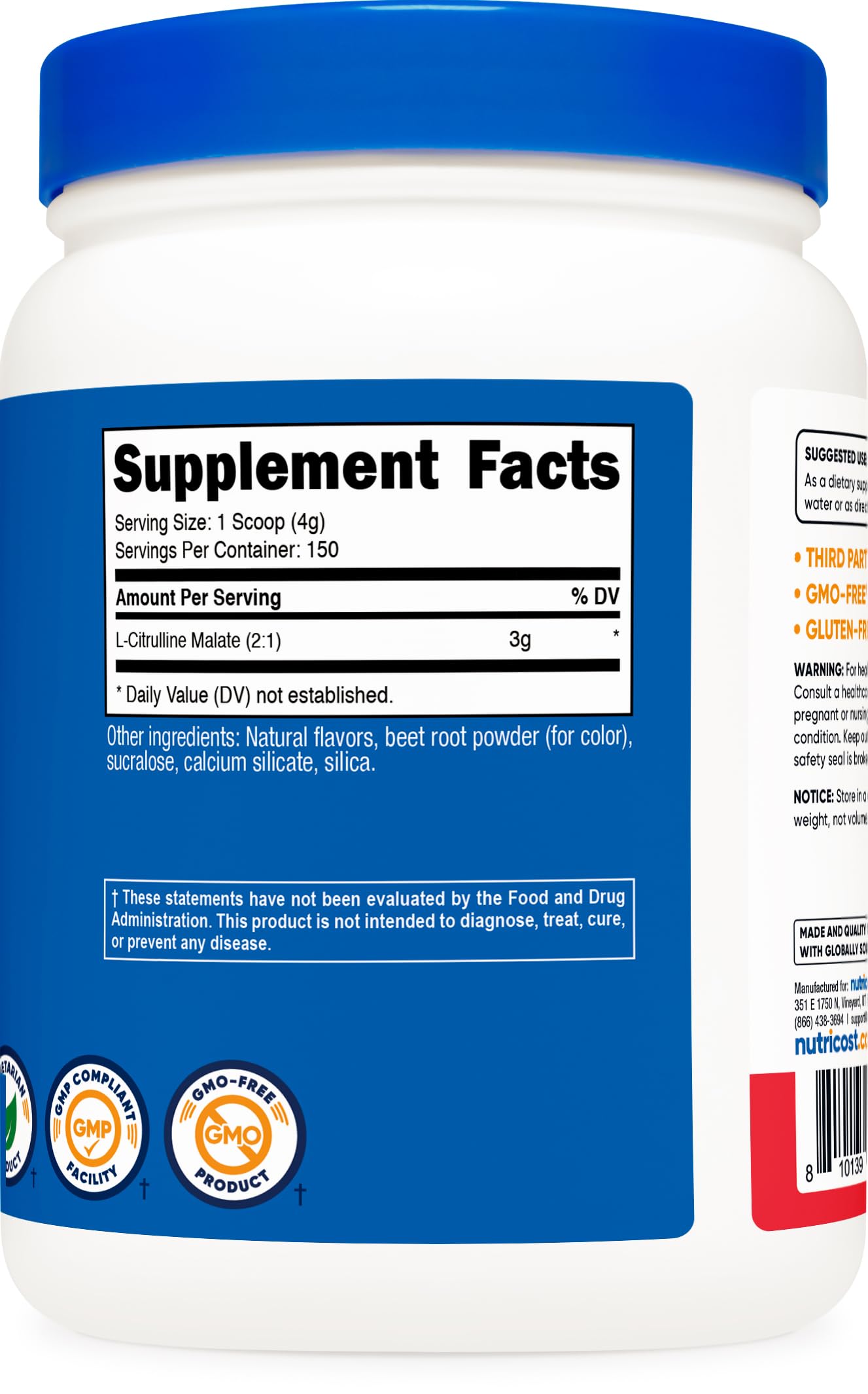 Bote de Nutricost L-Citrulline Malate 2:1, sabor fruta punch, apoyo versátil para tu rutina de fitness.