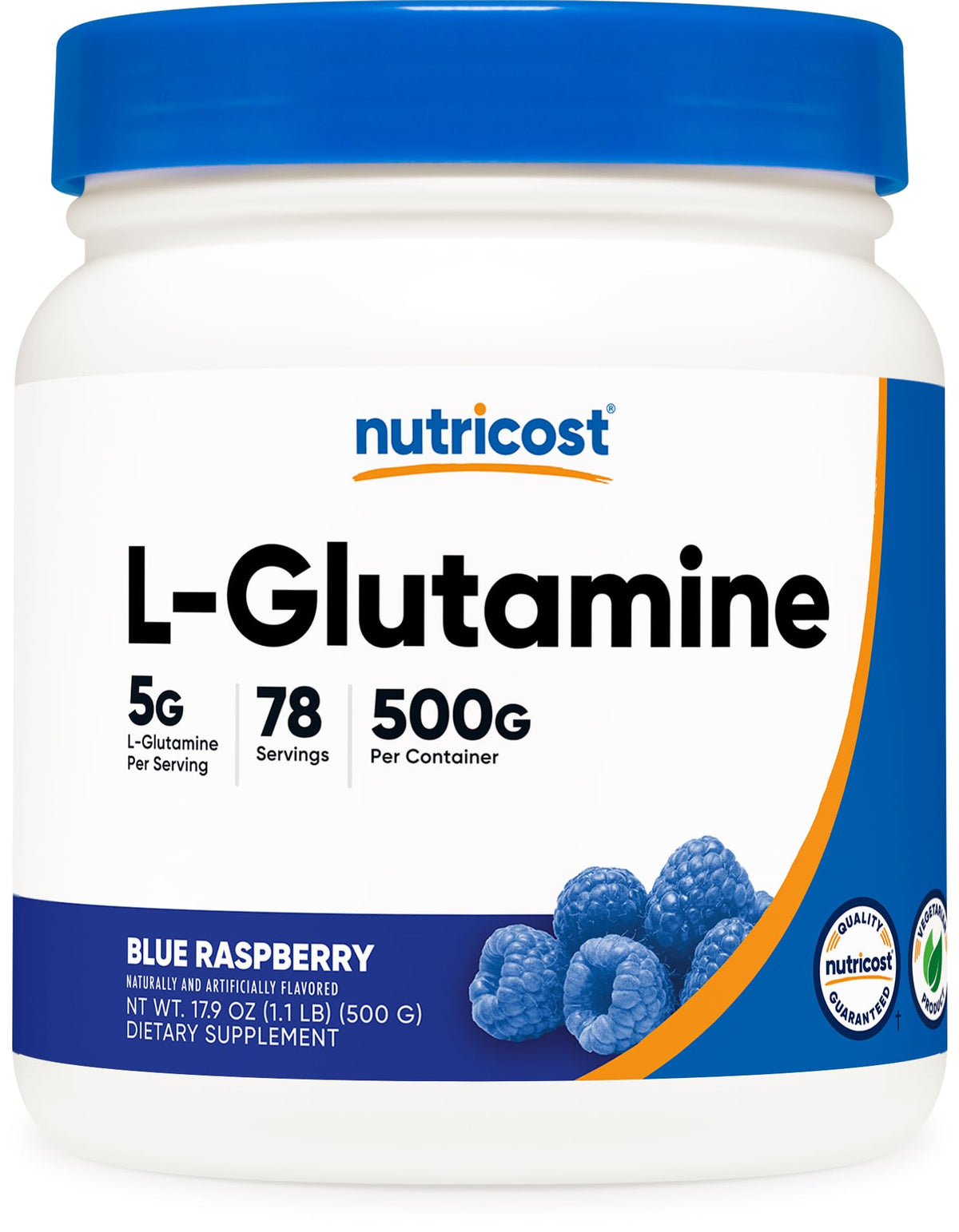 Nutricost L-Glutamina en polvo, bote 500 g, sabor arándano azul para batidos