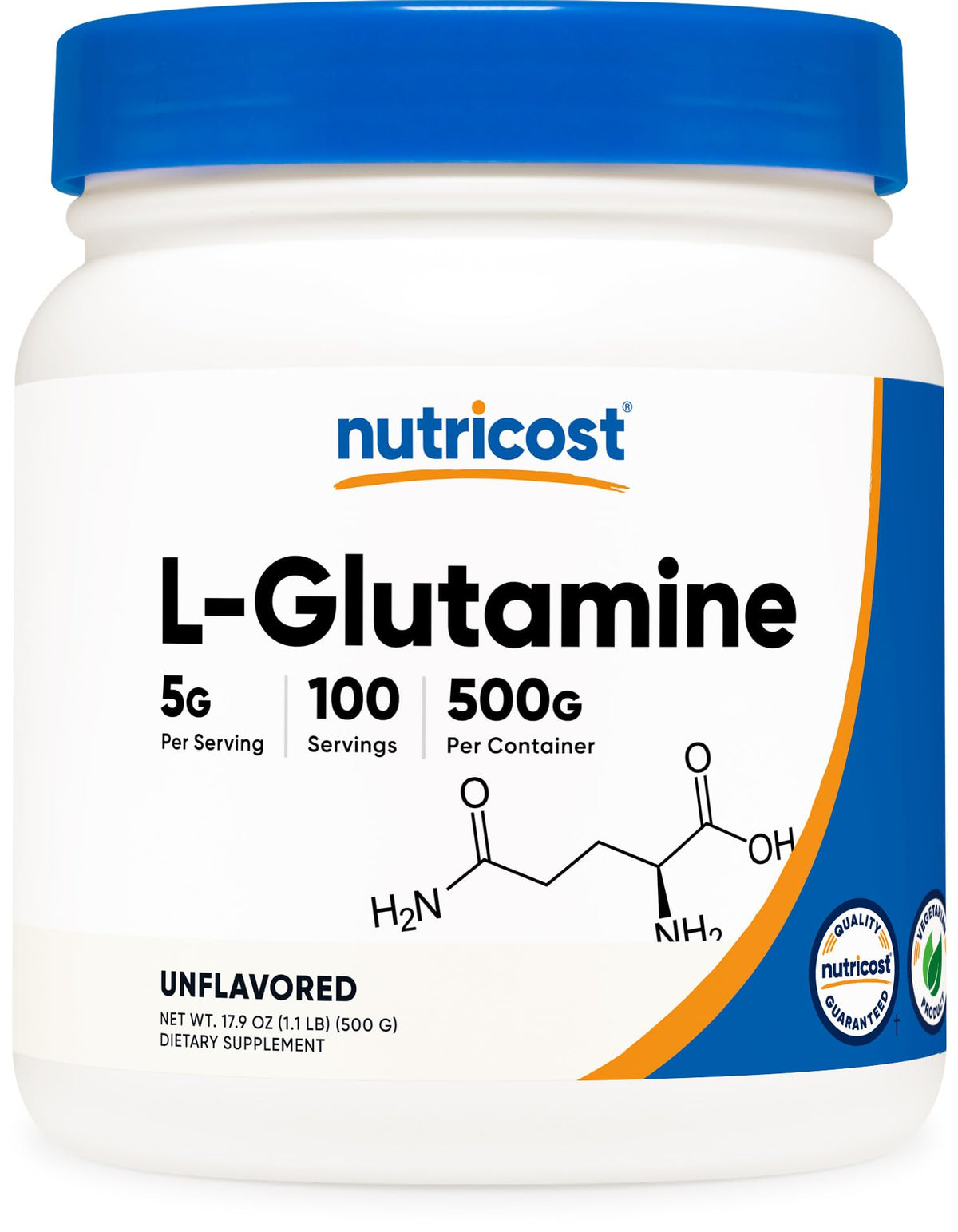 Nutricost L-Glutamina en bote de 500 g, uso diario y práctico.