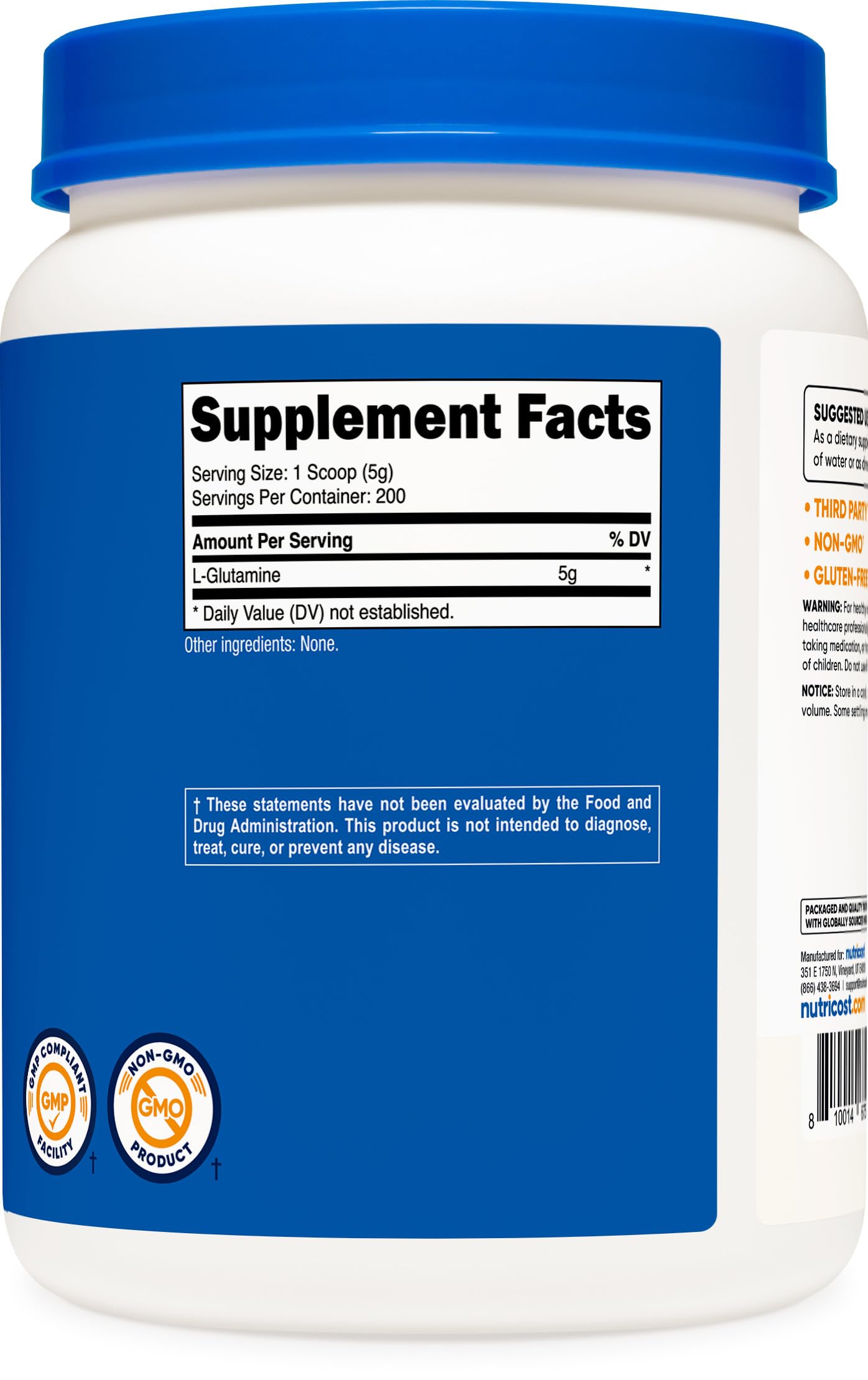 Nutricost L-Glutamina apta para dieta vegana y sin gluten.