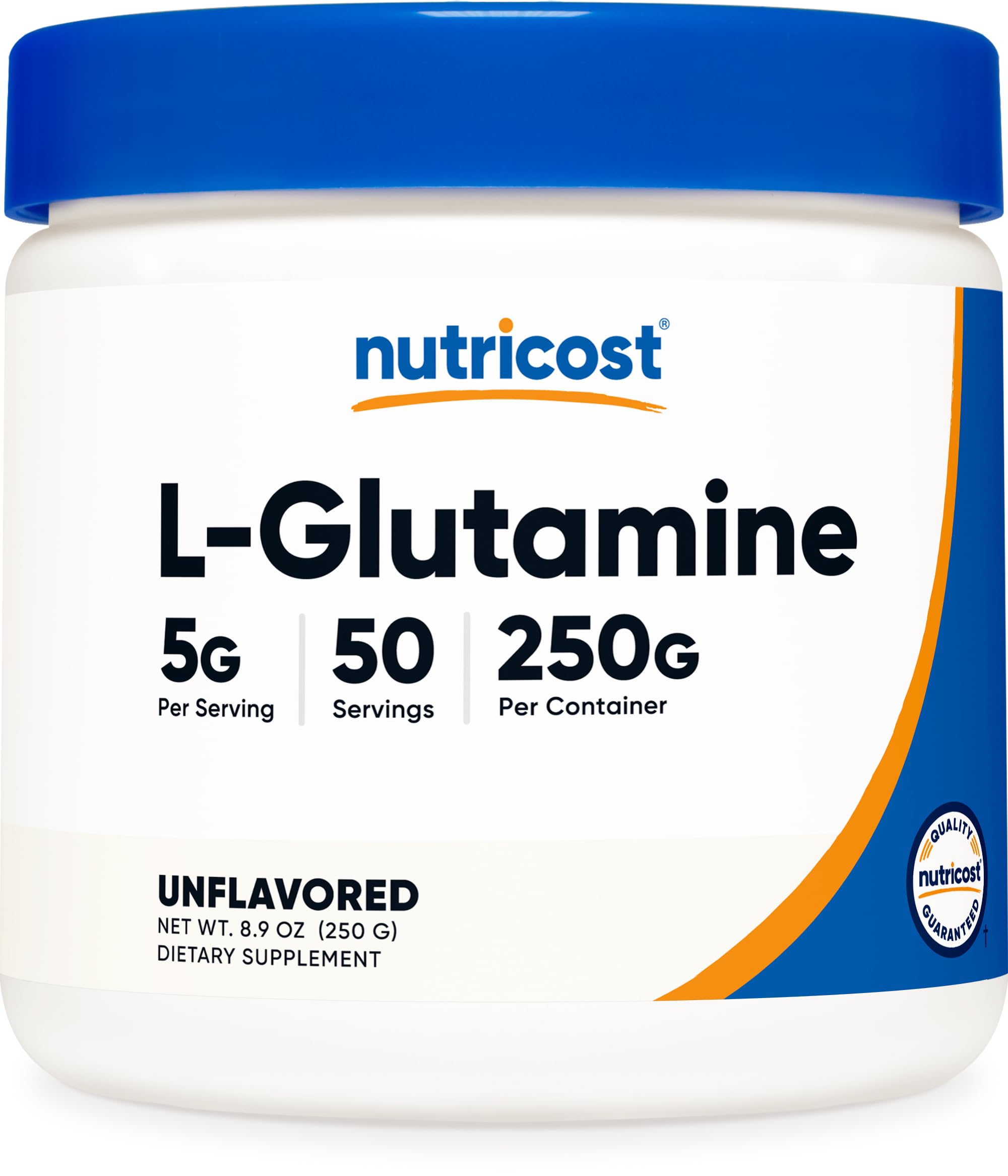 Nutricost L-Glutamina envase 250 g, polvo neutro para mezclar fácilmente, apoyo a la recuperación.