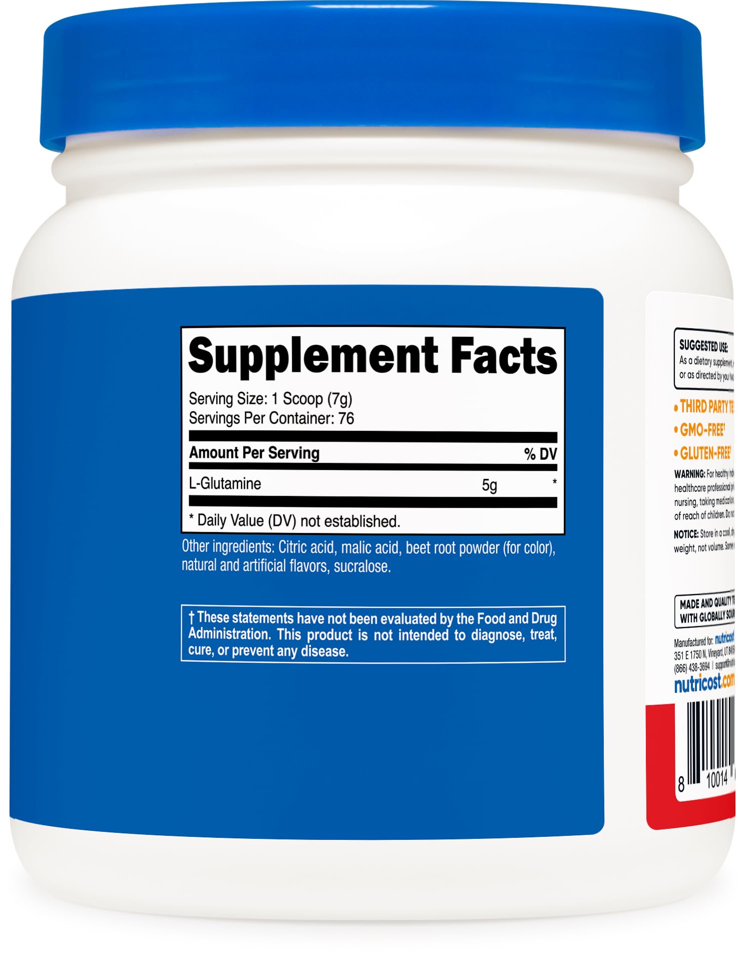 Nutricost L-Glutamina etiqueta con certificaciones de calidad