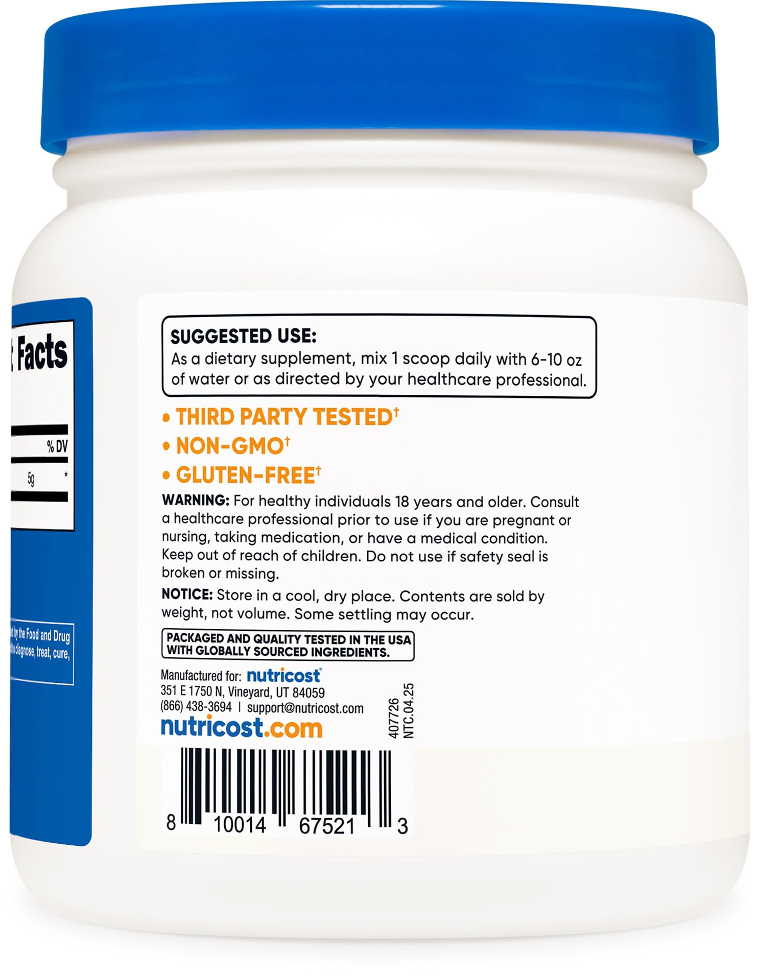 Etiqueta de Nutricost L-Glutamina, libre de gluten y OGM.