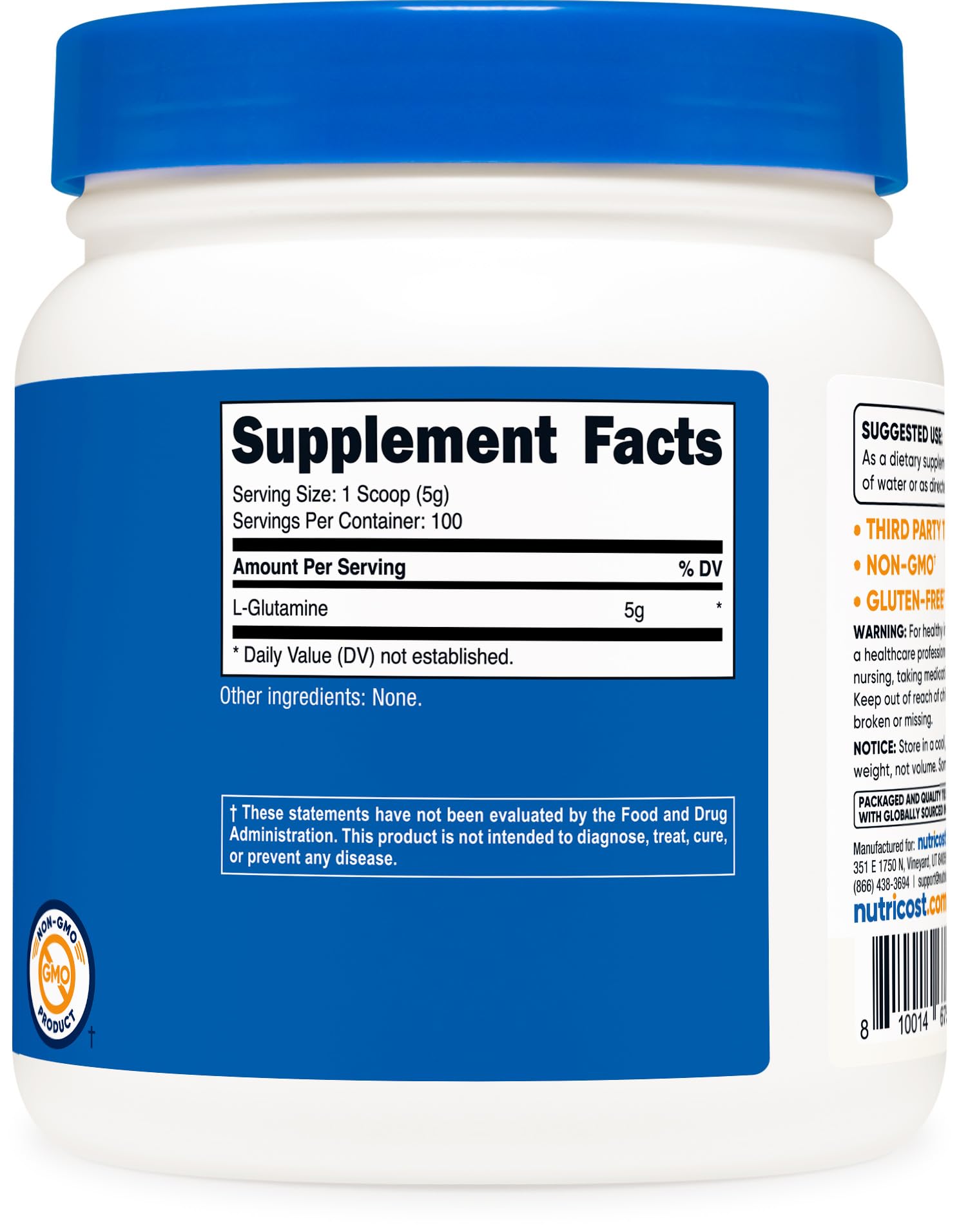 Nutricost L-Glutamina en fondo neutro para uso diario.