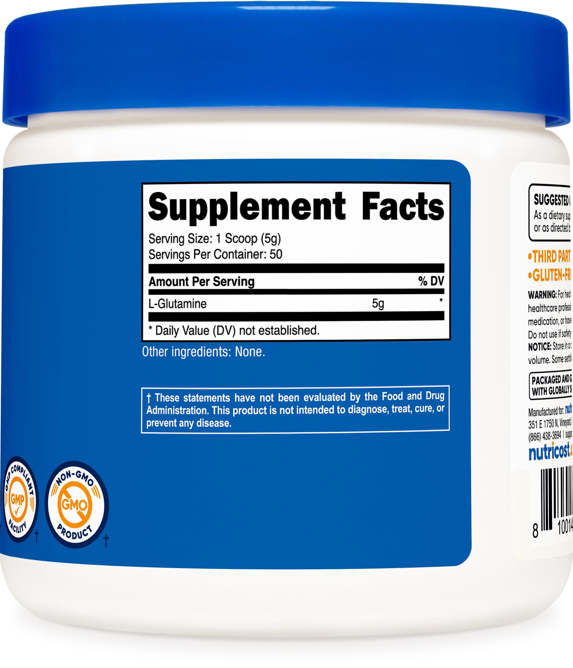 Nutricost L-Glutamina envase facilita la dosificación diaria.