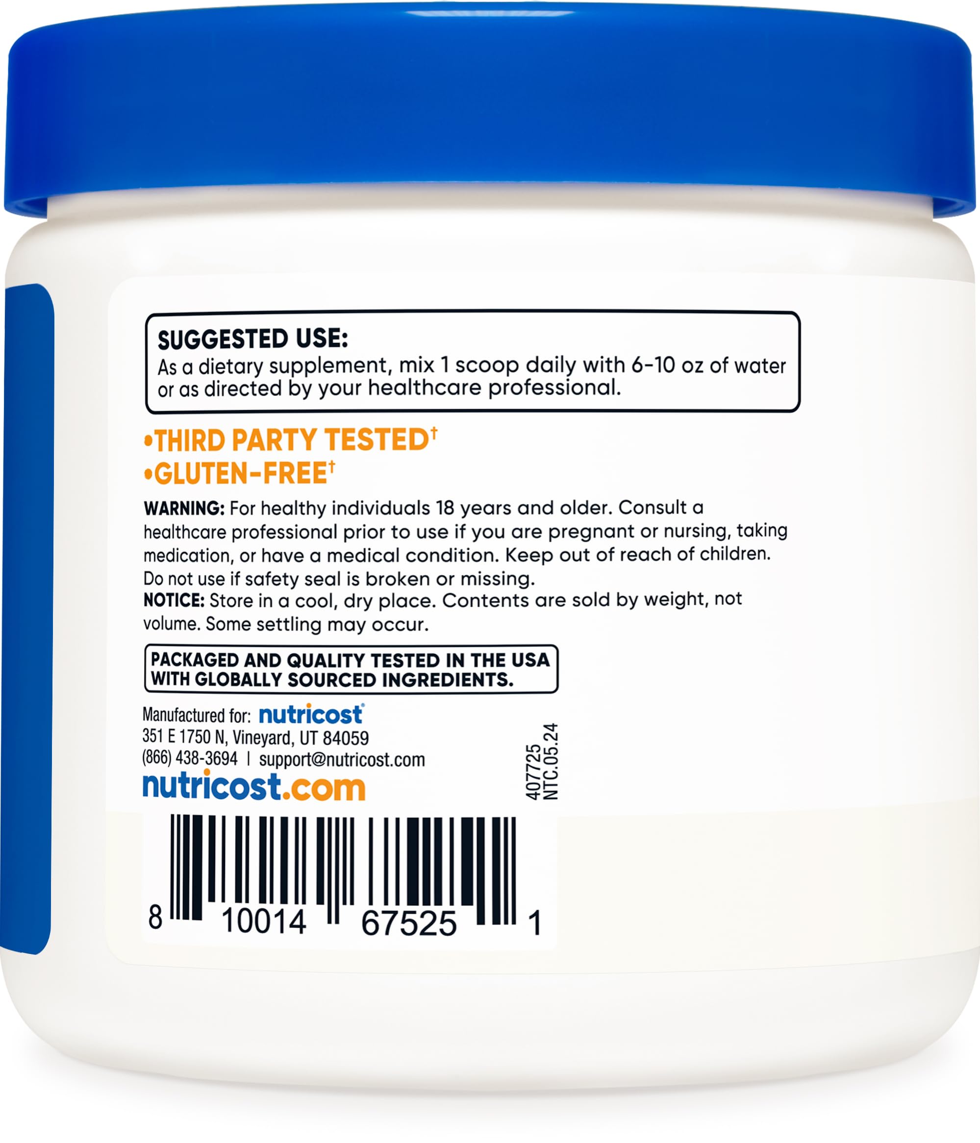Nutricost L-Glutamina formato neutro, fácil de incorporar en batidos o yogur.