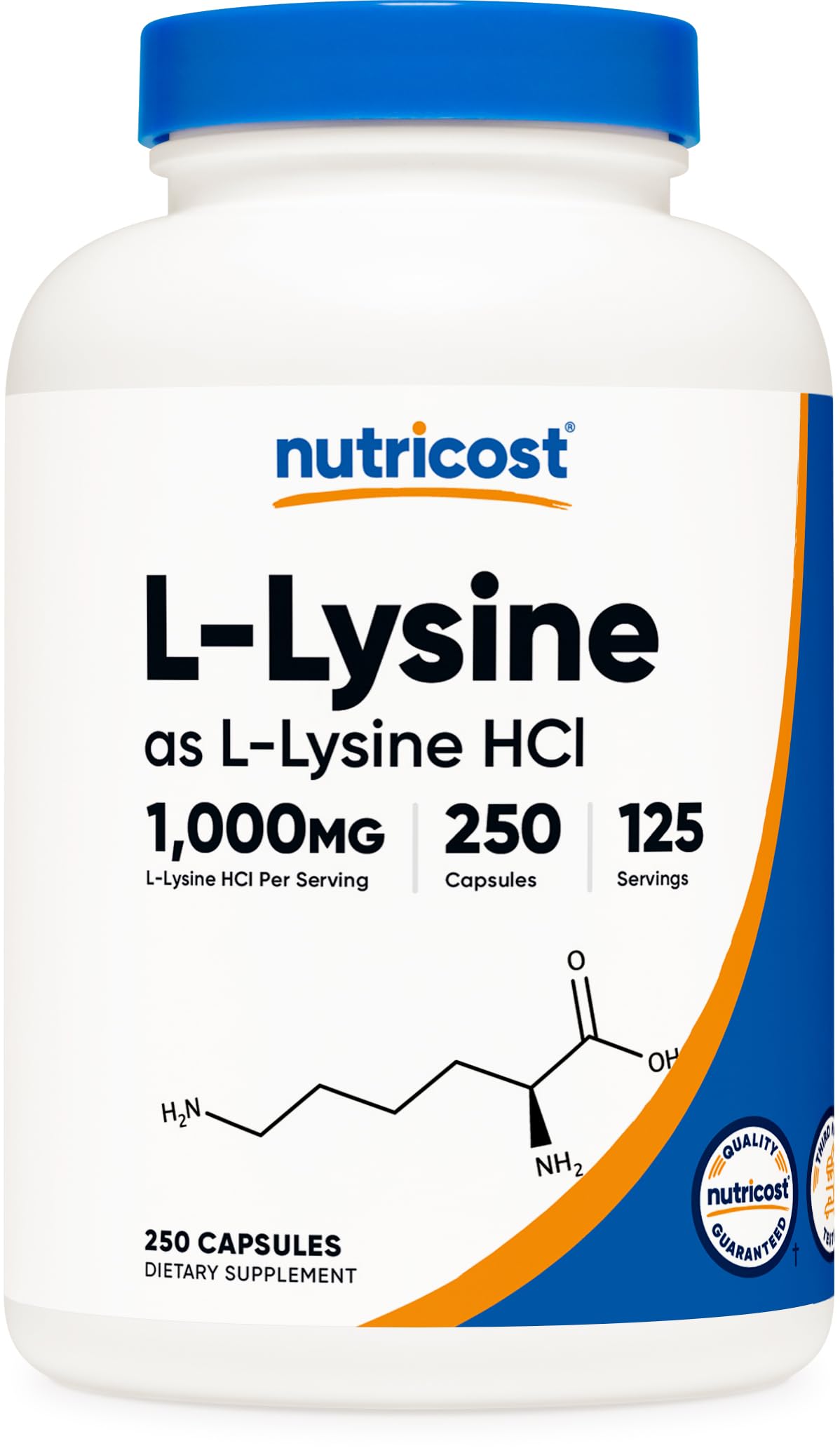 Nutricost L-Lisina, botella frontal, suplemento diario de aminoácido.