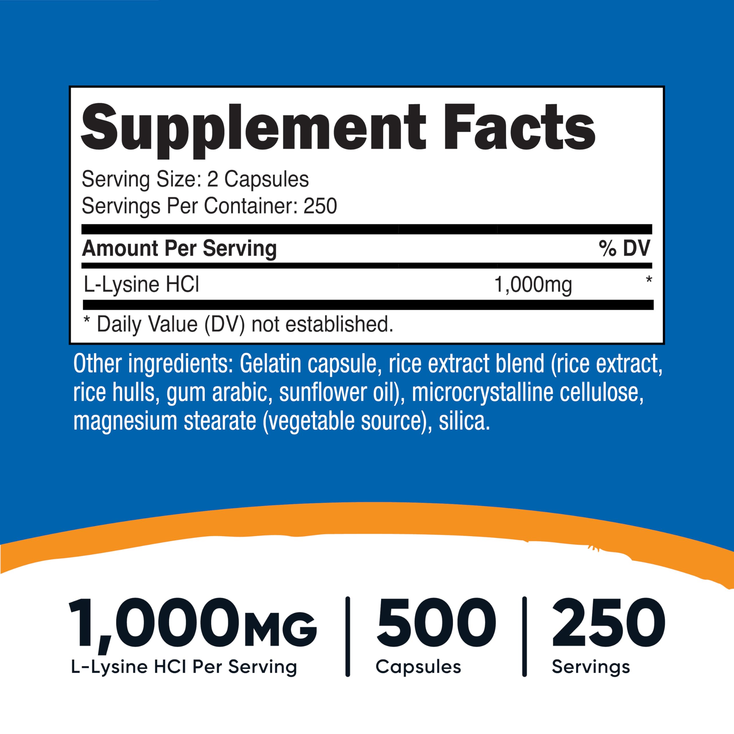 Nutricost L-Lisina cápsulas de 500 mg, etiqueta clara facilita la identificación.
