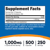Nutricost L-Lisina cápsulas de 500 mg, etiqueta clara facilita la identificación.
