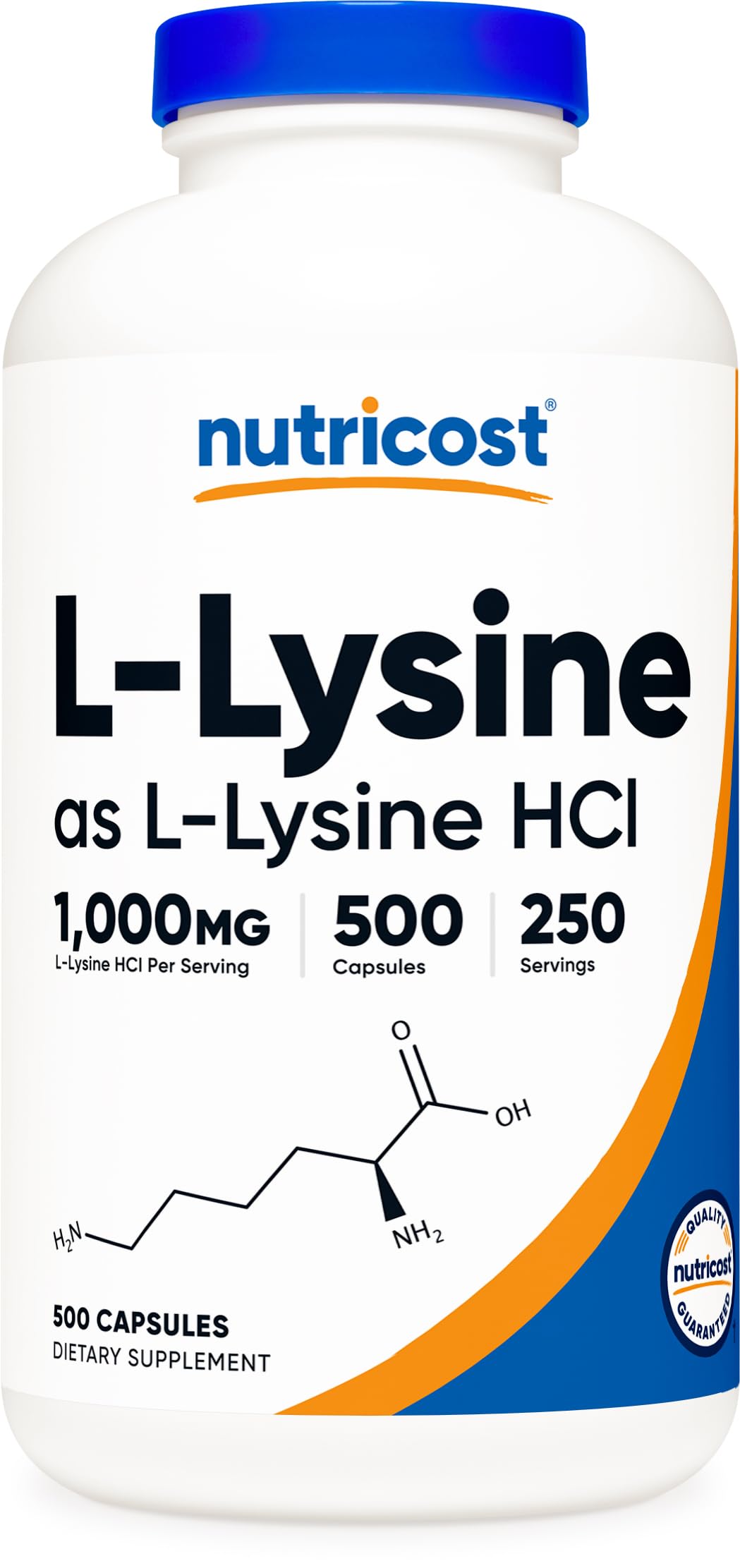 Nutricost L-Lisina cápsulas en bote, fácil de tomar para uso diario.