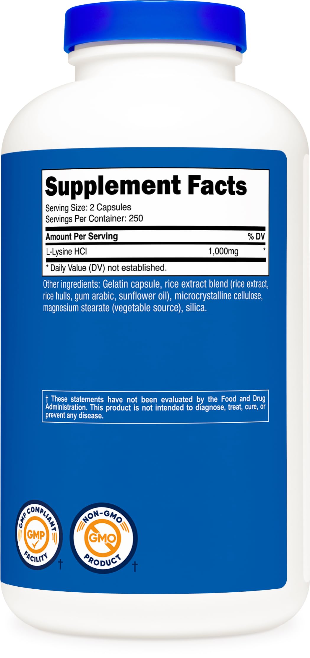 Nutricost L-Lisina, caja detallada, resalta cumplimiento GMP.