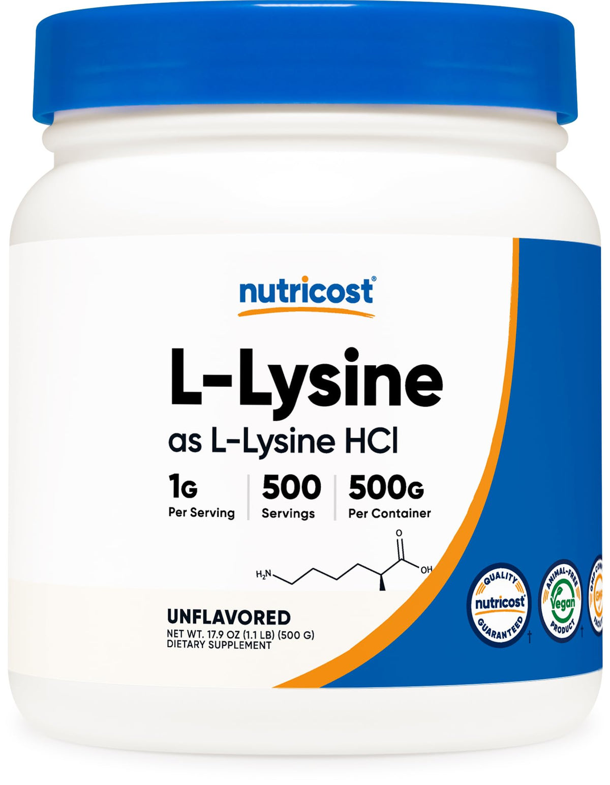 Nutricost L-Lisina en polvo 500 g, ideal para complementar proteínas diarias.
