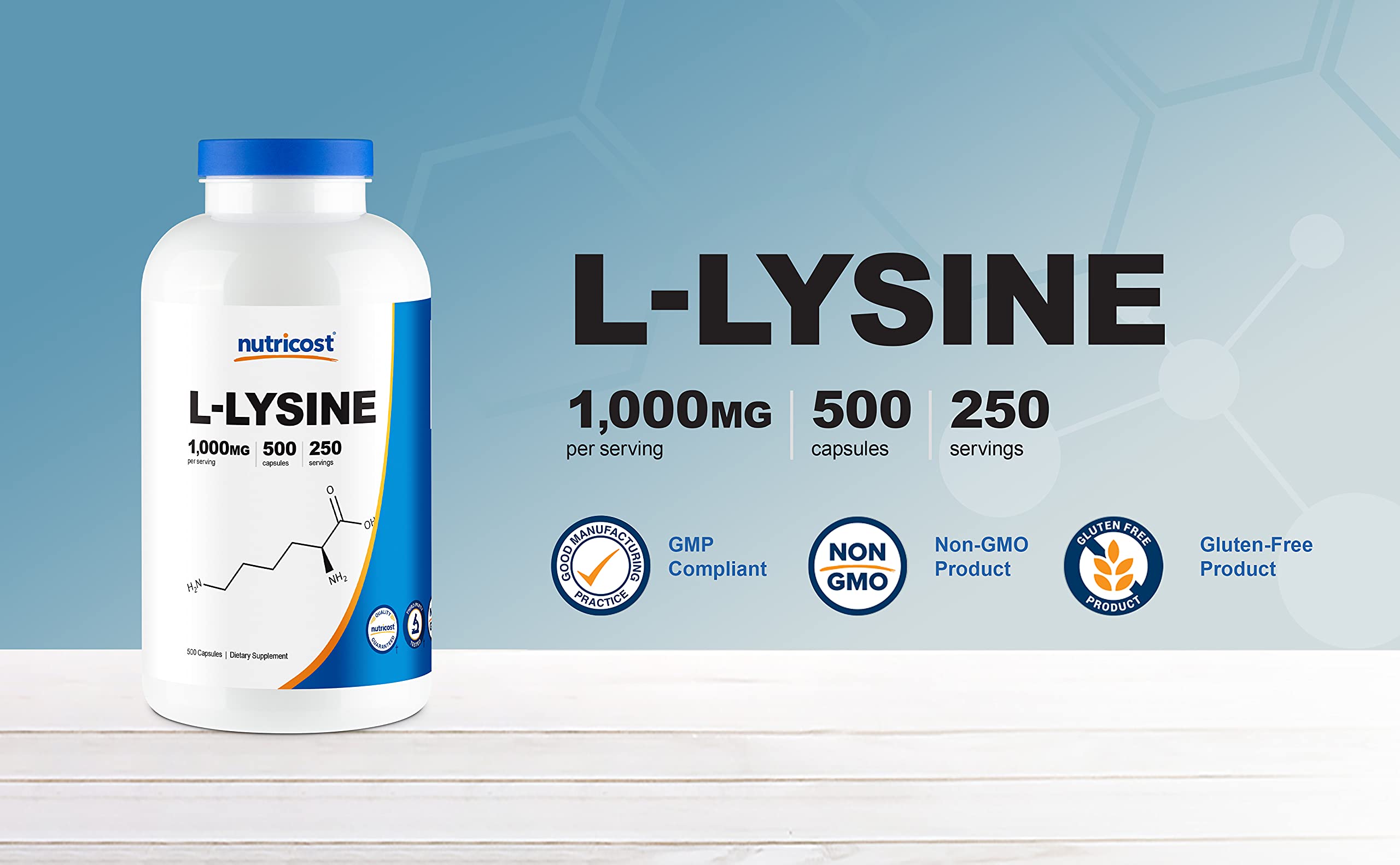 Nutricost L-Lisina 250 servicios, presentación eficiente para planificar dosis.