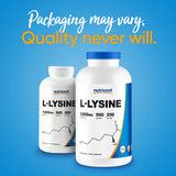 Nutricost L-Lisina, tapa azul, señal de empaque seguro.