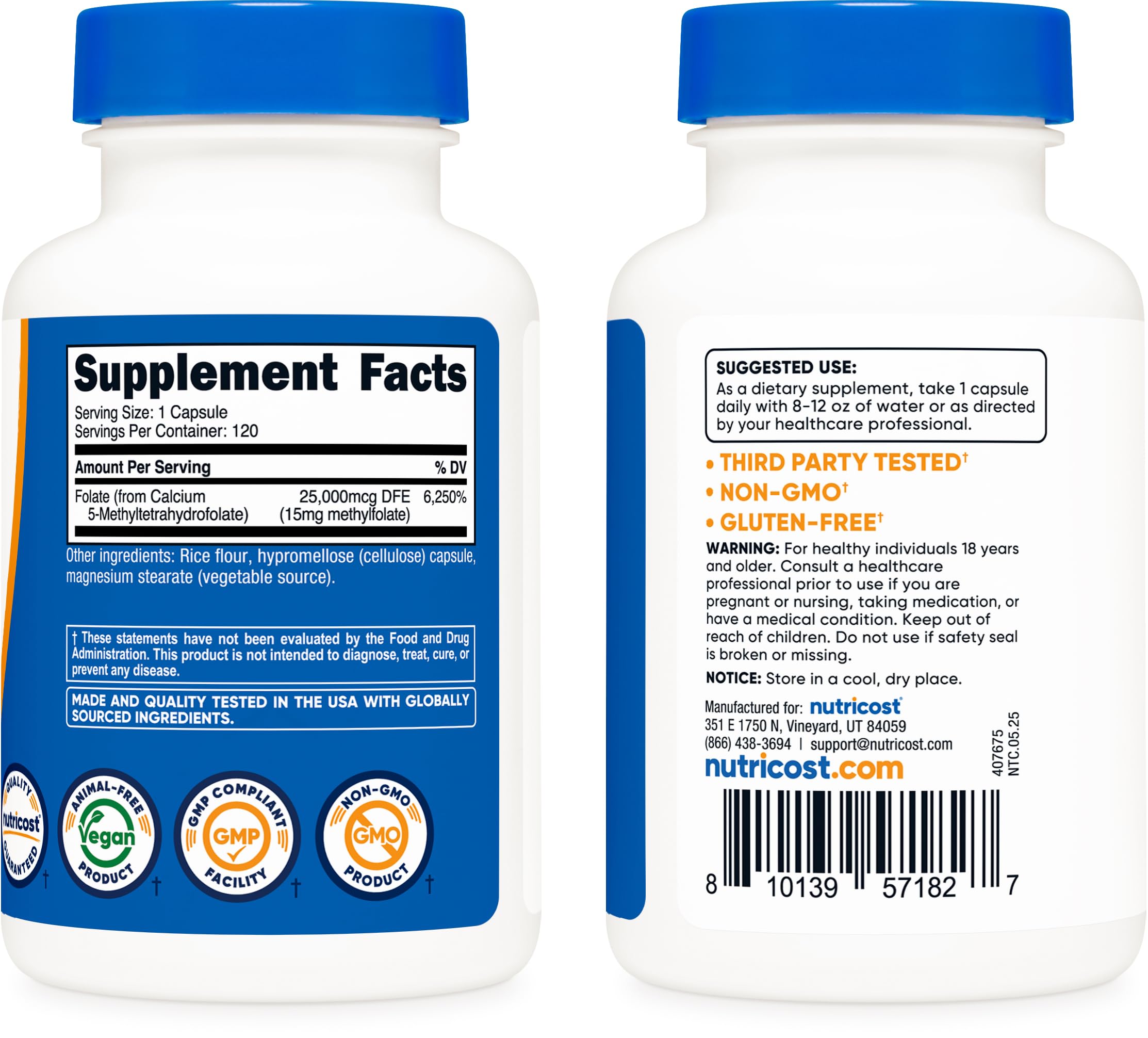 Nutricost L-Metilfolato 15 mg: etiqueta trasera con información de calidad