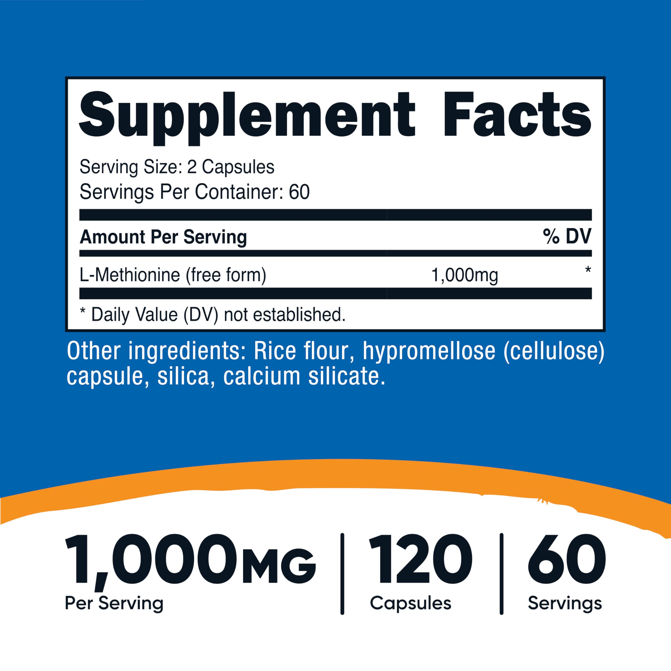 Nutricost L-metionina 1000 mg – botella, dosis conveniente para 60 porciones