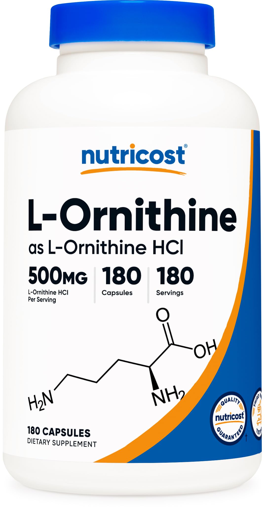 Nutricost L-ornitina 500mg, botella frontal, apoyo diario para un estilo de vida equilibrado.