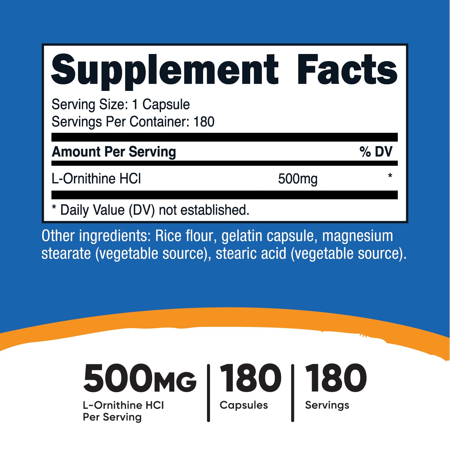 Nutricost L-ornitina 500mg, etiqueta de la botella, información clara para dosis simples.