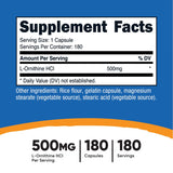 Nutricost L-ornitina 500mg, etiqueta de la botella, información clara para dosis simples.