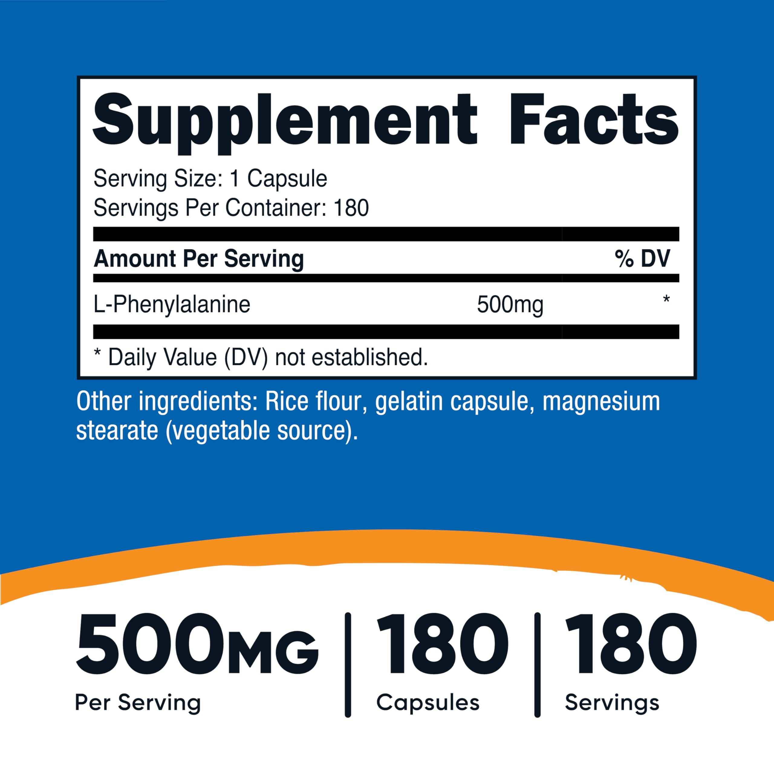 Nutricost L-Phenilalanina, cápsulas individuales, ingesta diaria de 500 mg.