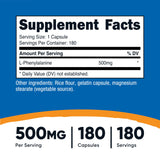 Nutricost L-Phenilalanina, cápsulas individuales, ingesta diaria de 500 mg.