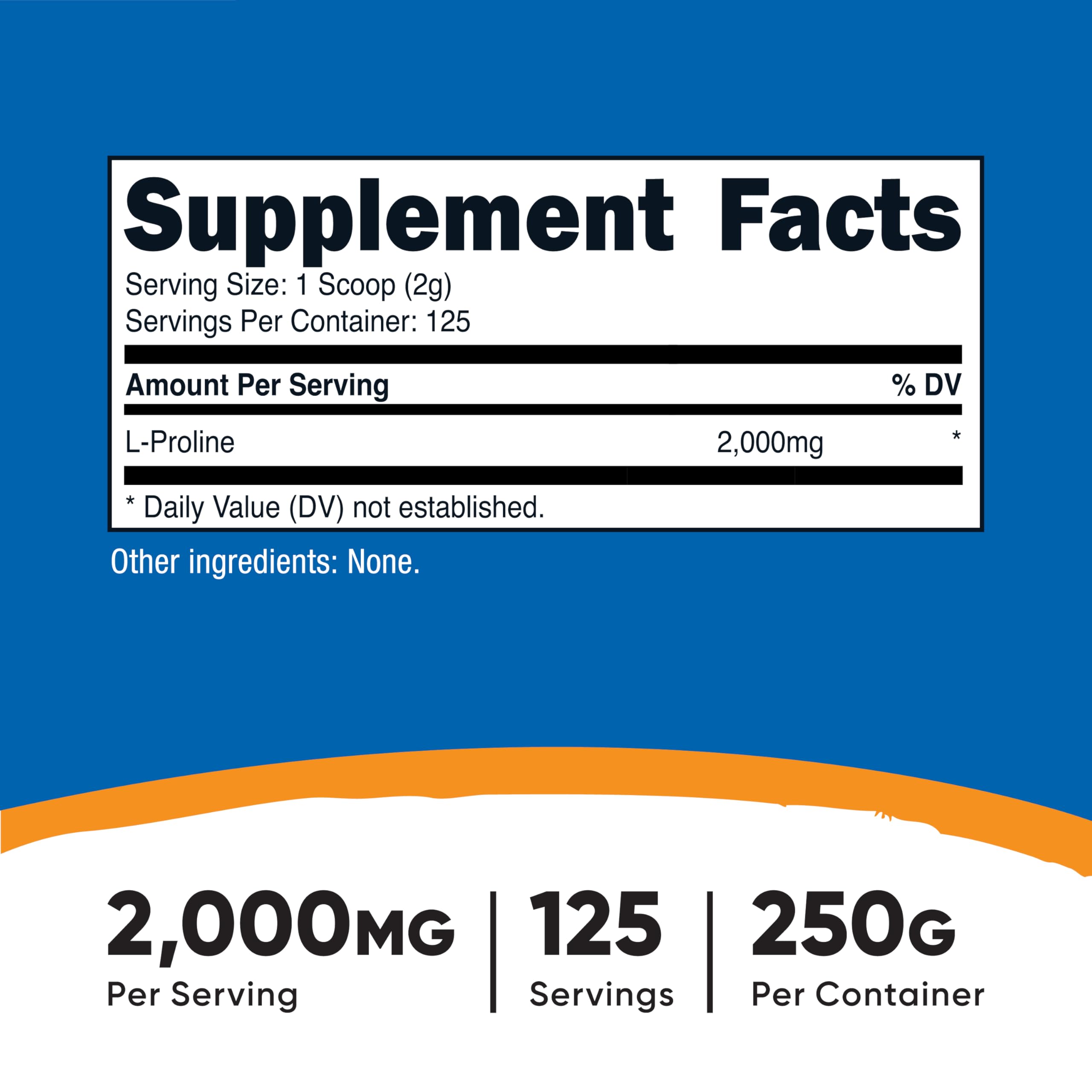 Nutricost L-Proline, medidor incluido, facilita añadir la dosis de 2,000 mg por porción.