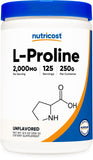Nutricost L-Proline polvo en bote, fácil de identificar y medir por porción.