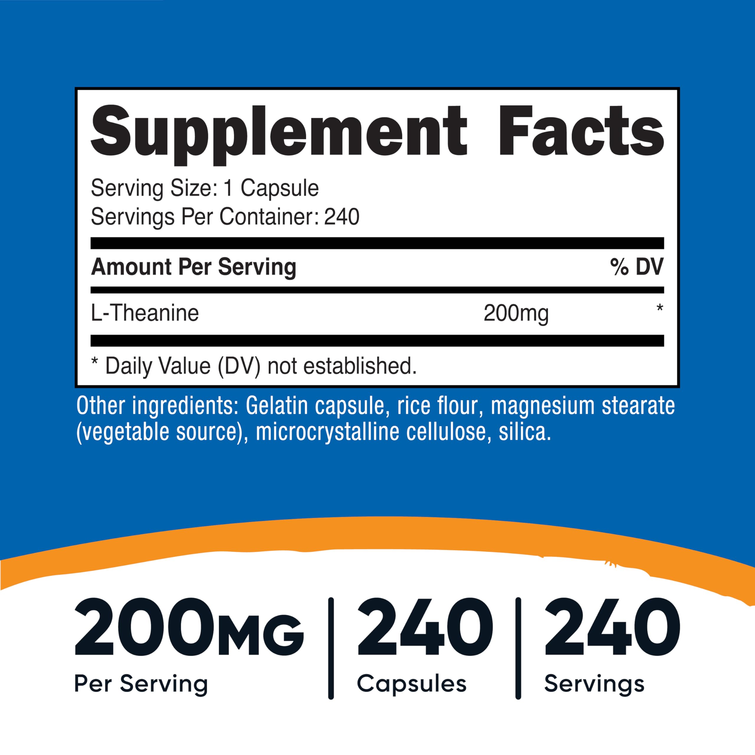 Nutricost L-Theanine 200 mg frasco: fácil dosis diaria para mantener la calma.