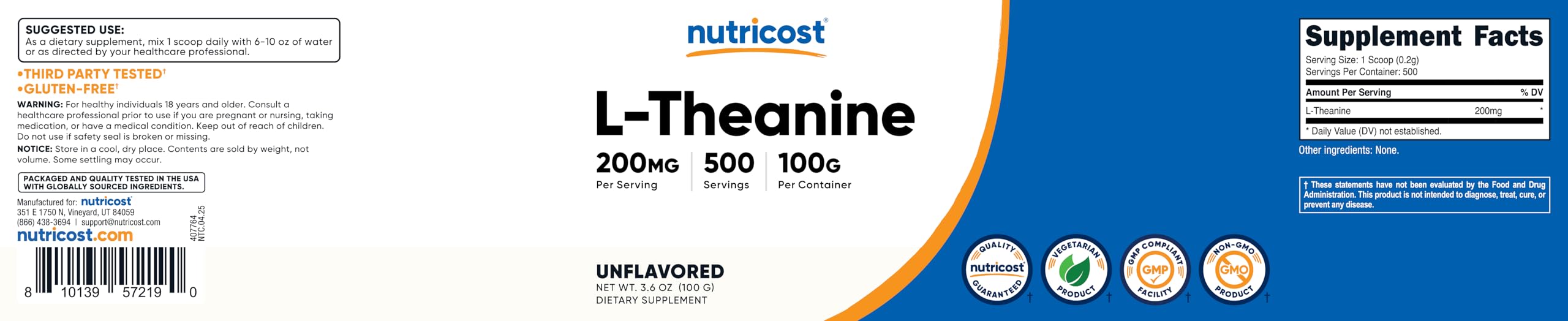 Nutricost L-Theanine polvo, detalle de empaque, libre de gluten y no modificados genéticamente.