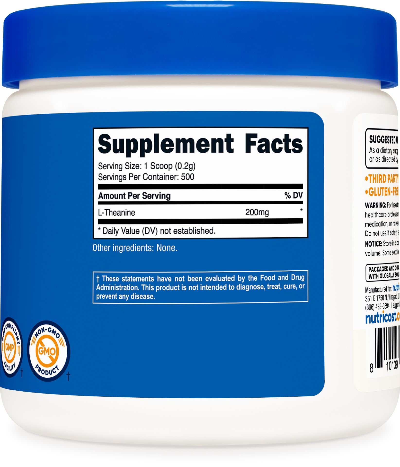 Nutricost L-Theanine polvo, envase cerrado, mantiene frescura y calidad.