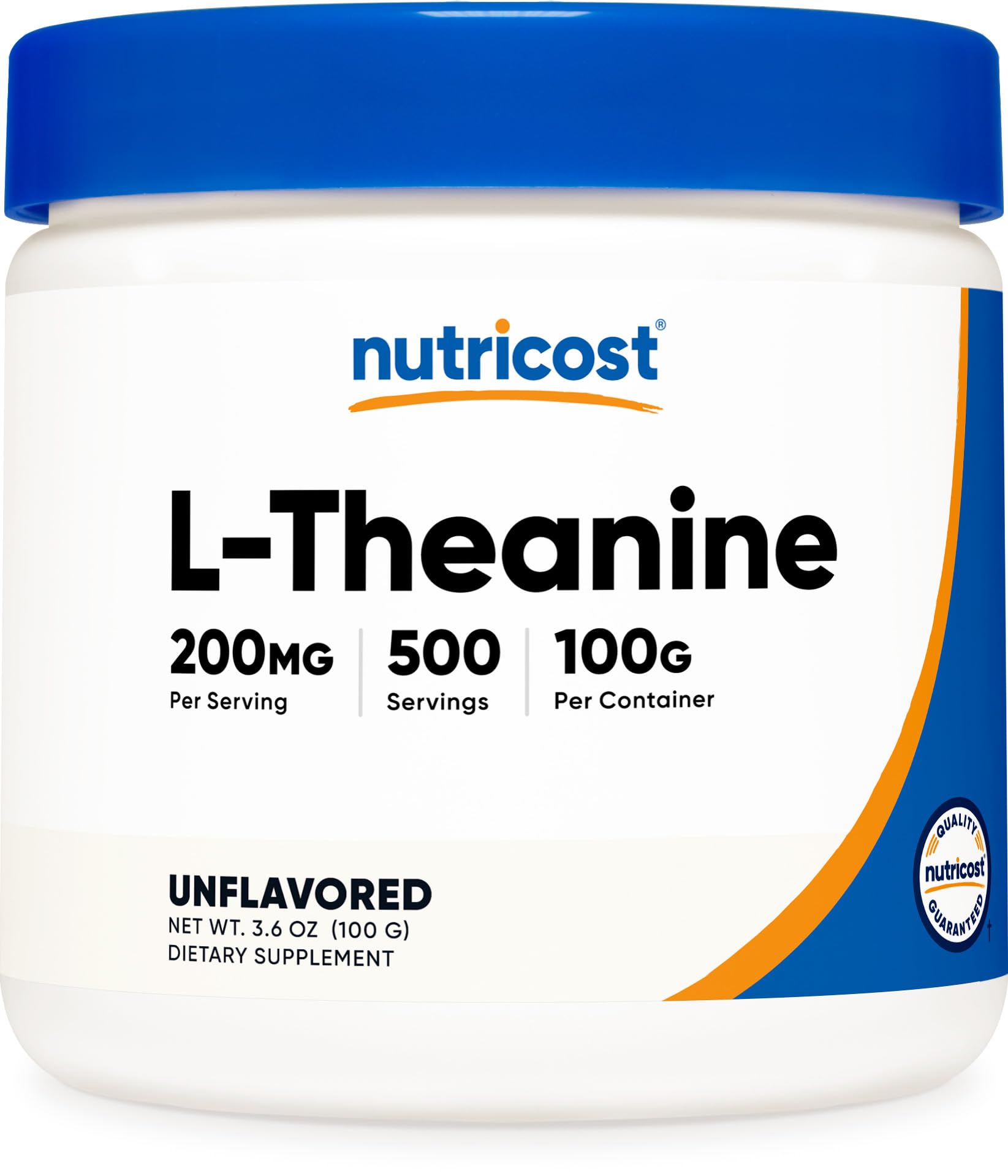 Nutricost L-Theanine polvo, frasco de 100 g para porciones diarias de 200 mg.