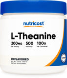 Nutricost L-Theanine polvo, frasco de 100 g para porciones diarias de 200 mg.