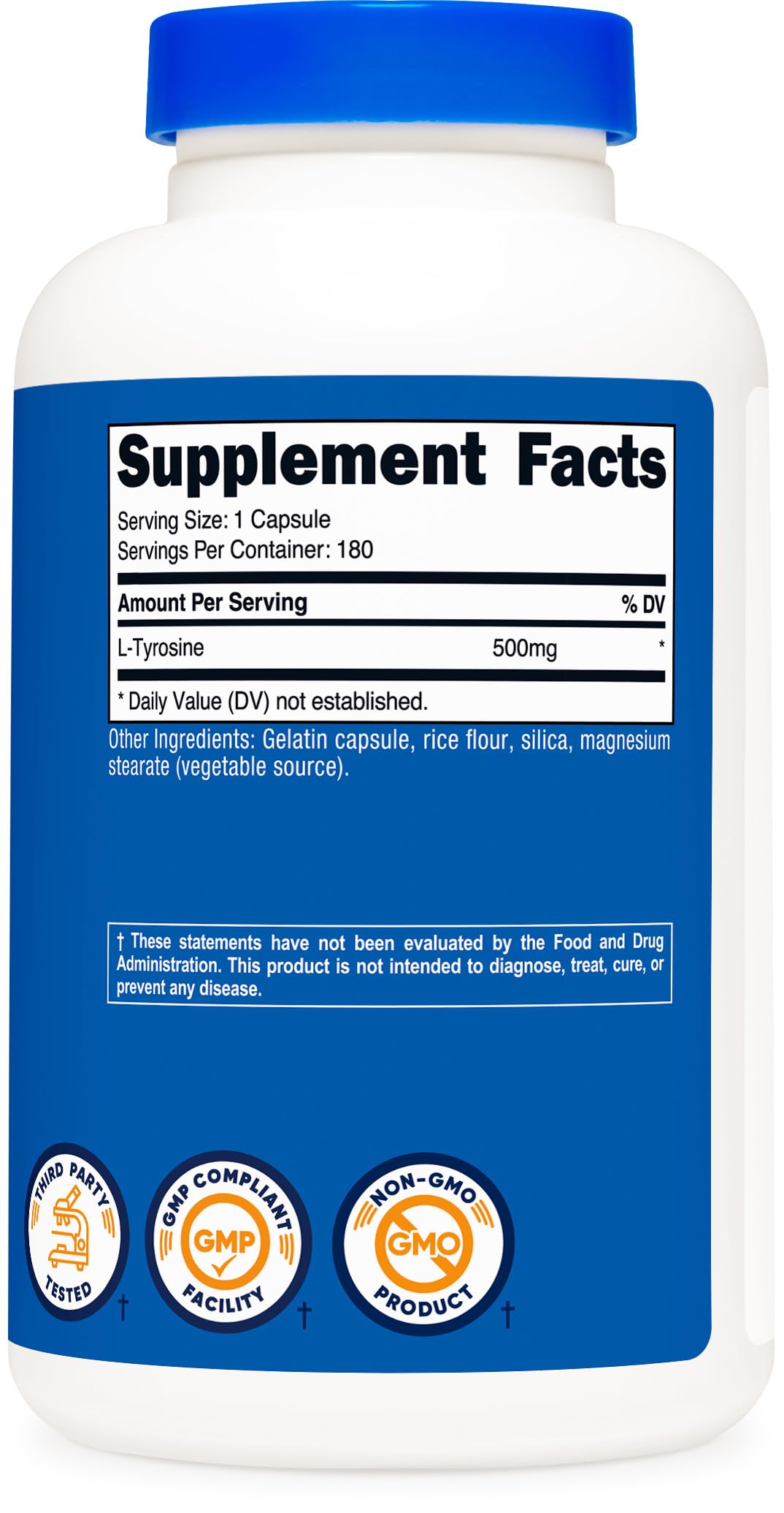 Nutricost L-Tirosina 500 mg botella en mano: lista para uso diario
