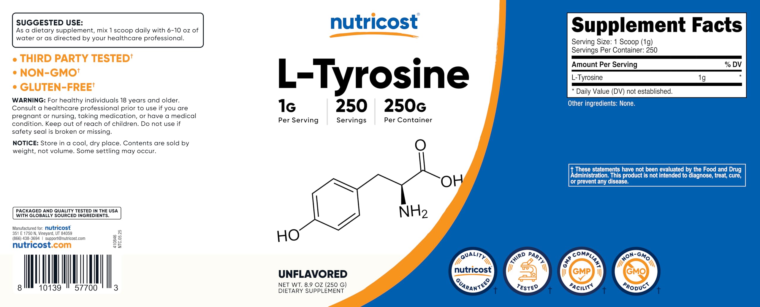 Nutricost L-tirosina etiqueta clara, datos de dosis fácilmente legibles.
