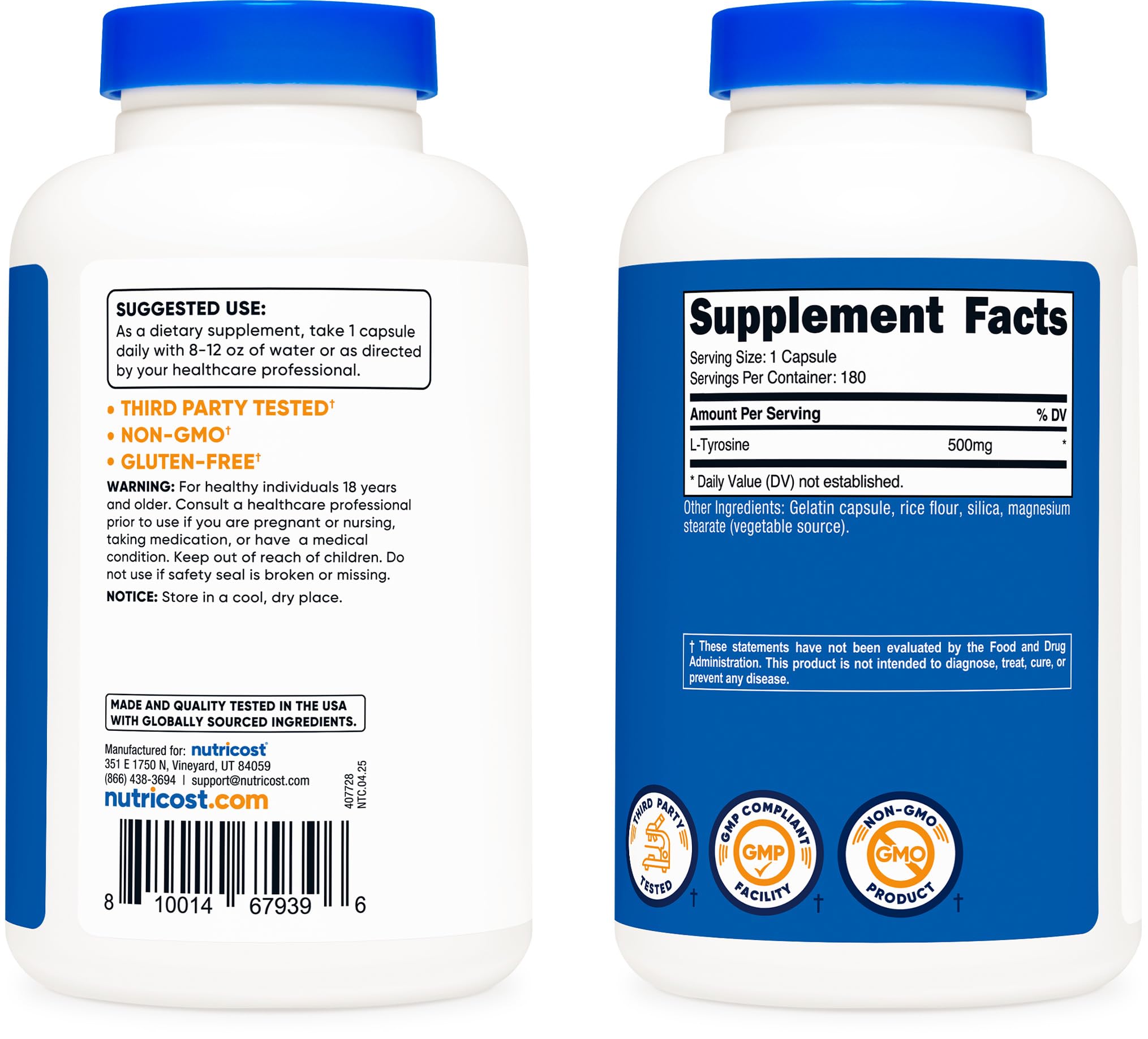 Nutricost L-Tirosina 500 mg ingredientes NSF y GMP certificados