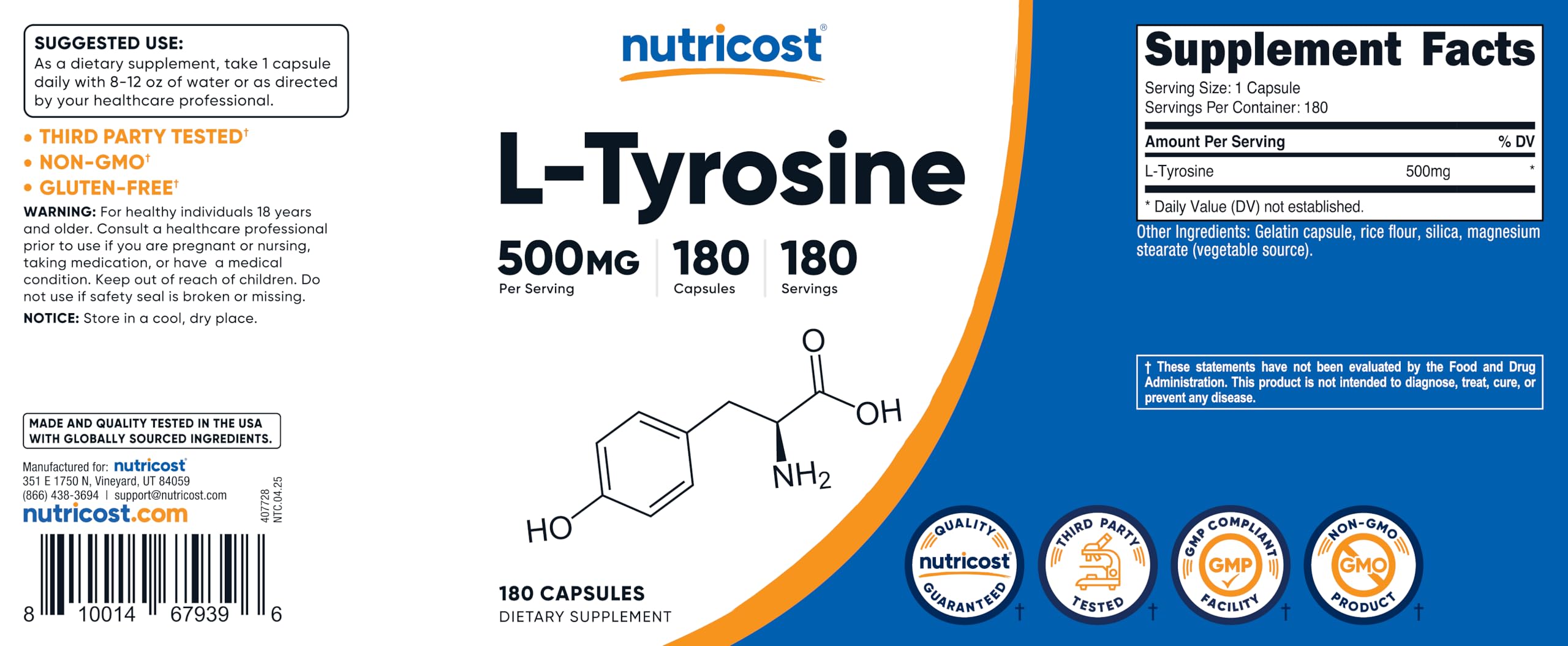 Nutricost L-Tirosina 500 mg uso diario: fácil de incorporar a tu rutina